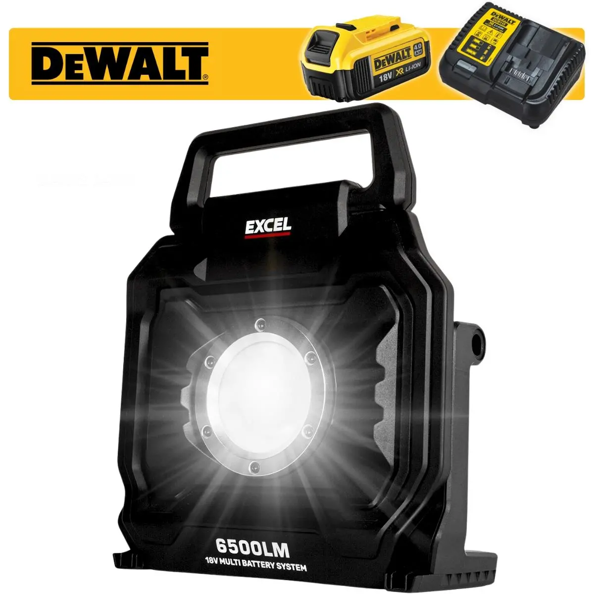 Excel 18V/240V Led Work Light 6500 Lumens With Dewalt 1 X 4.0Ah Battery & Charger 1