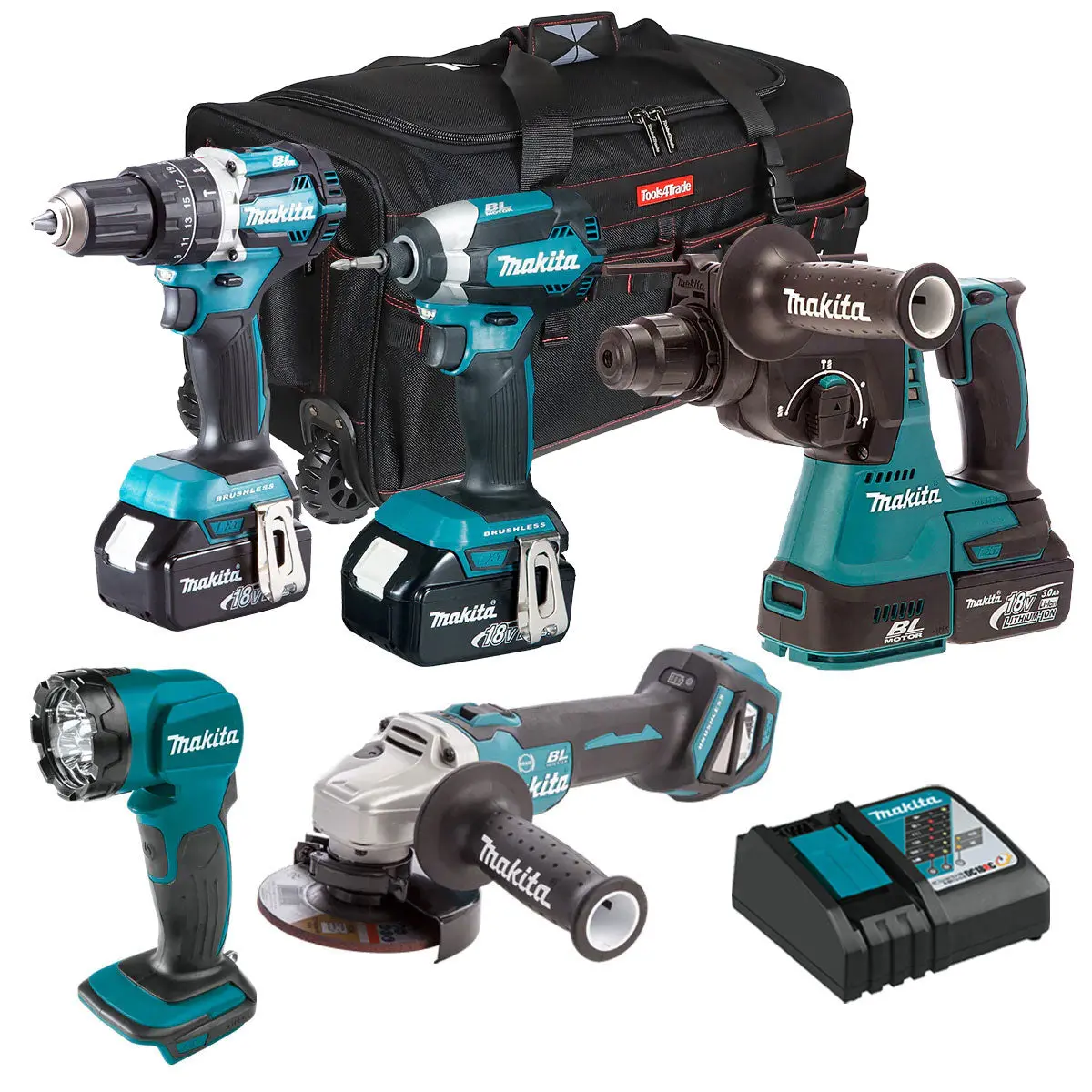 Makita 18V 5 Piece Tool Kit 3 X 5.0Ah Batteries & Charger T4tkit-6572 1