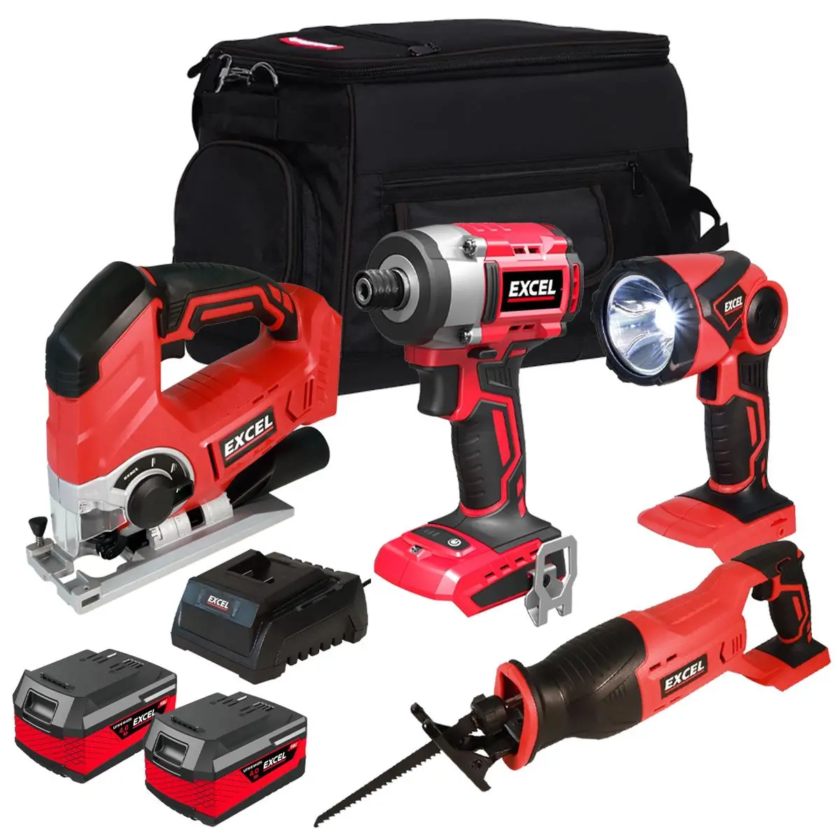 Excel 18V Cordless 4 Piece Tool Kit With 2 X Batteries & Charger In Bag Exl5233 1