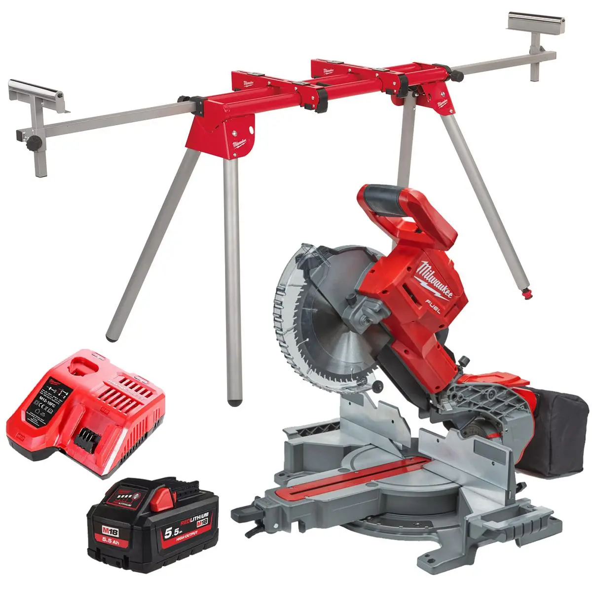 Milwaukee M18fms254-0 18V Fuel Brushless 254Mm Compound Mitre Saw With 1 X 5.5Ah Battery Charger & Extendable Saw Stand 1