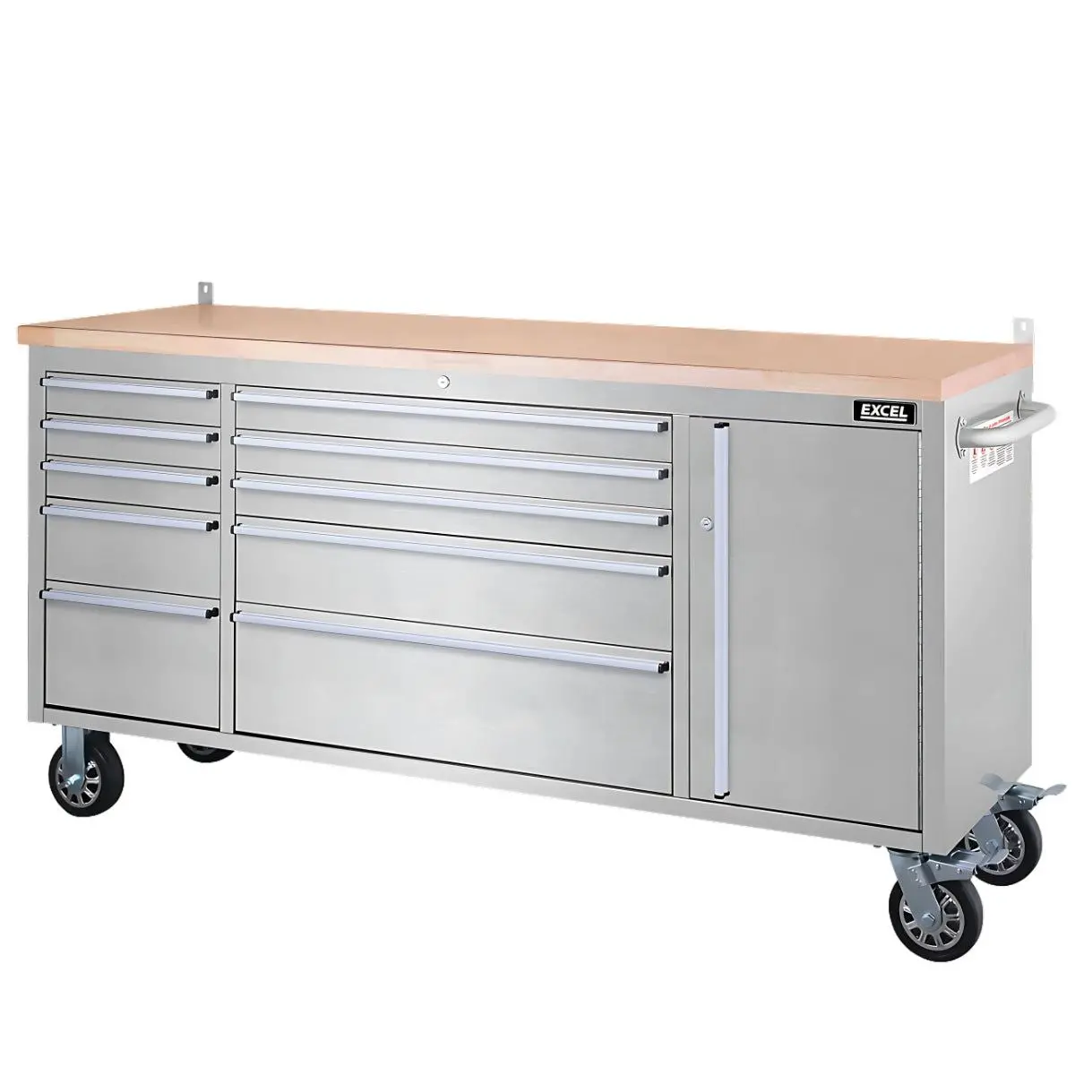 Excel 72" 10 Drawer Stainless Steel Roller Cabinet & Heavy Duty Workbench 1
