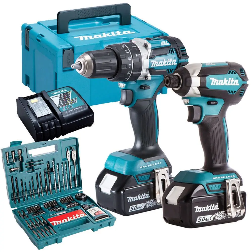 Makita Dlx2180tj 18V Brushless Twin Kit With 2 X 5.0Ah Batteries, Charger & 100 Piece Drill Set 1