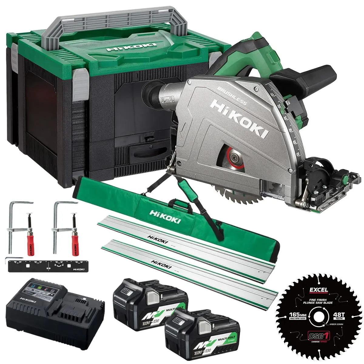 Hikoki C3606dpaw2z 36V Multivolt Brushless 165Mm Plunge Saw With 2 X 2.5Ah/5.0Ah Batteries With Guide Rail Kit & Blade 1