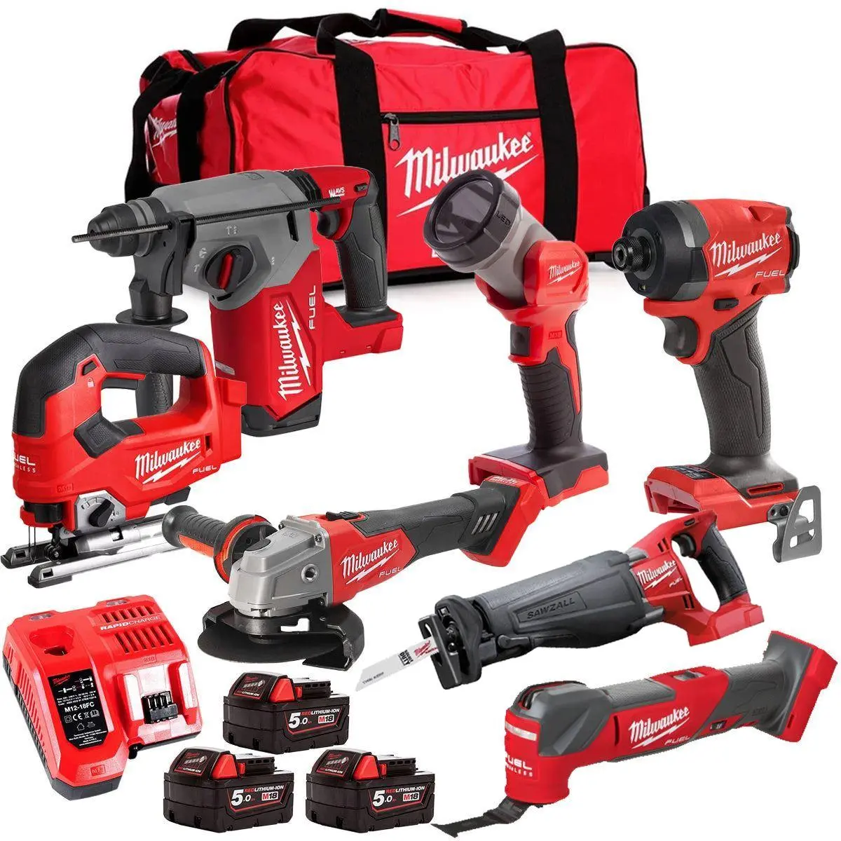 Milwaukee M18fpp6l3-503Bk4 18V Brushless 7 Piece Tool Kit With 3 X 5.0Ah Batteries Charger & Wheeled Bag 1