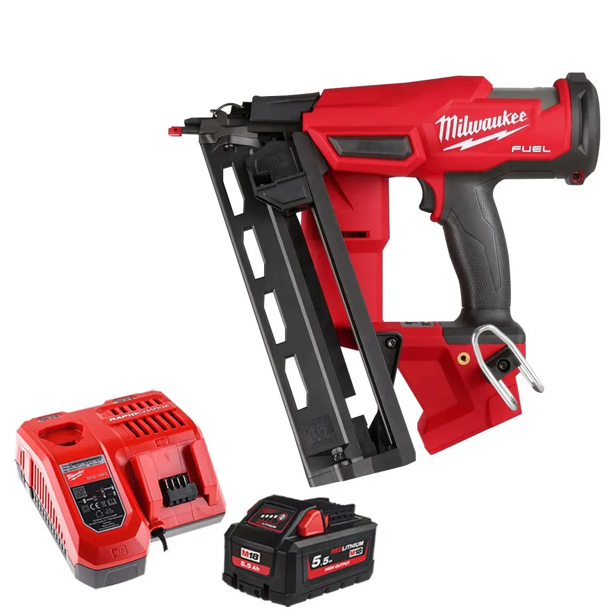 Milwaukee M18fn16ga-0 18V Brushless 16G Angled Finish Nailer With 1 X 5.5Ah Battery & Charger 1