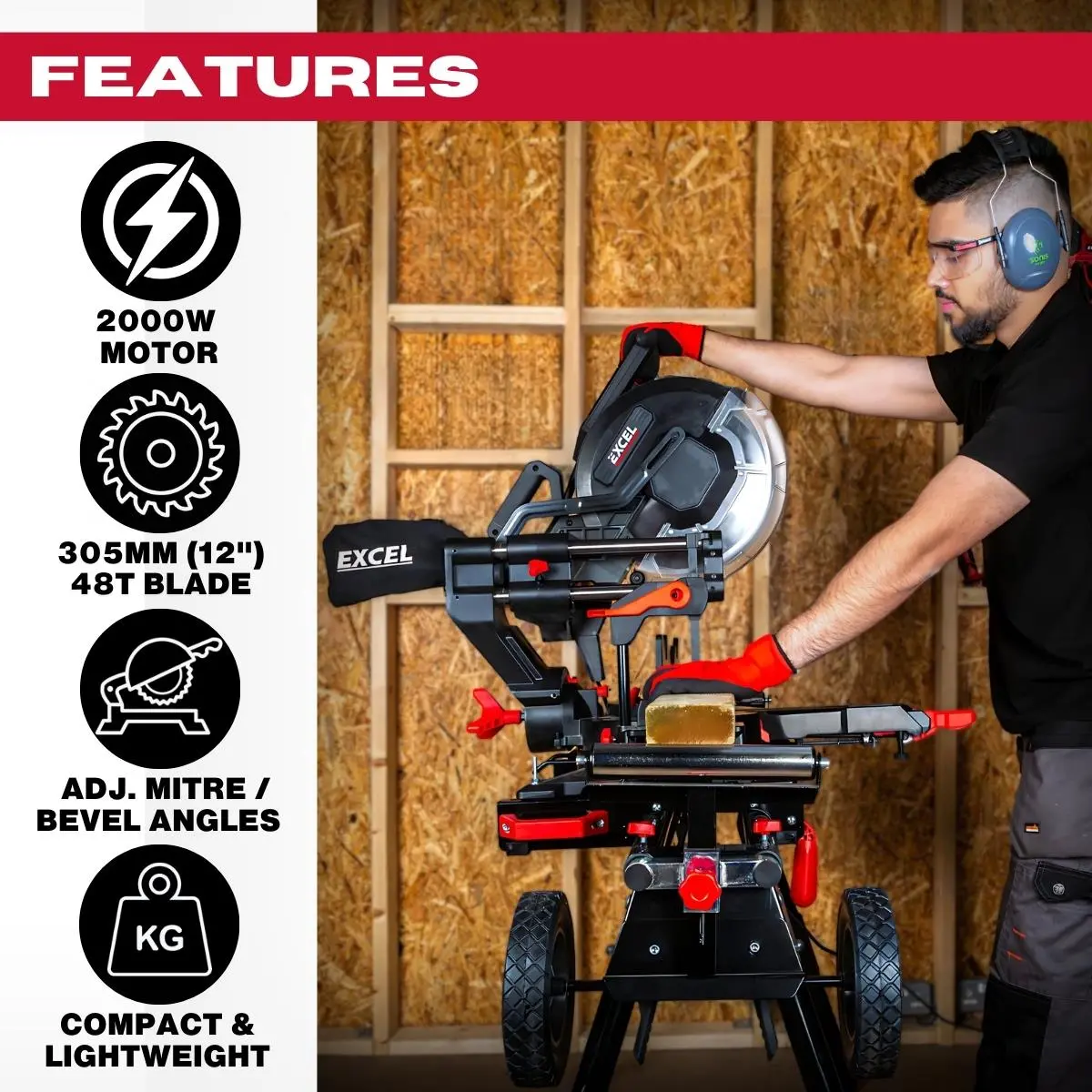 Excel 305Mm Sliding Mitre Saw With Led Light & 48T Blade 240V/2000W 2