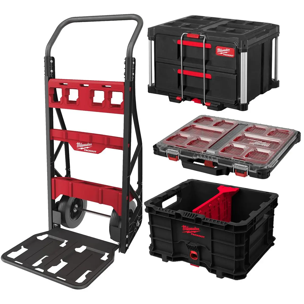 Milwaukee Packout 2 Wheeled Cart With Crate, Divider, 2 Drawer Tool Box & Slim Organiser Case 1