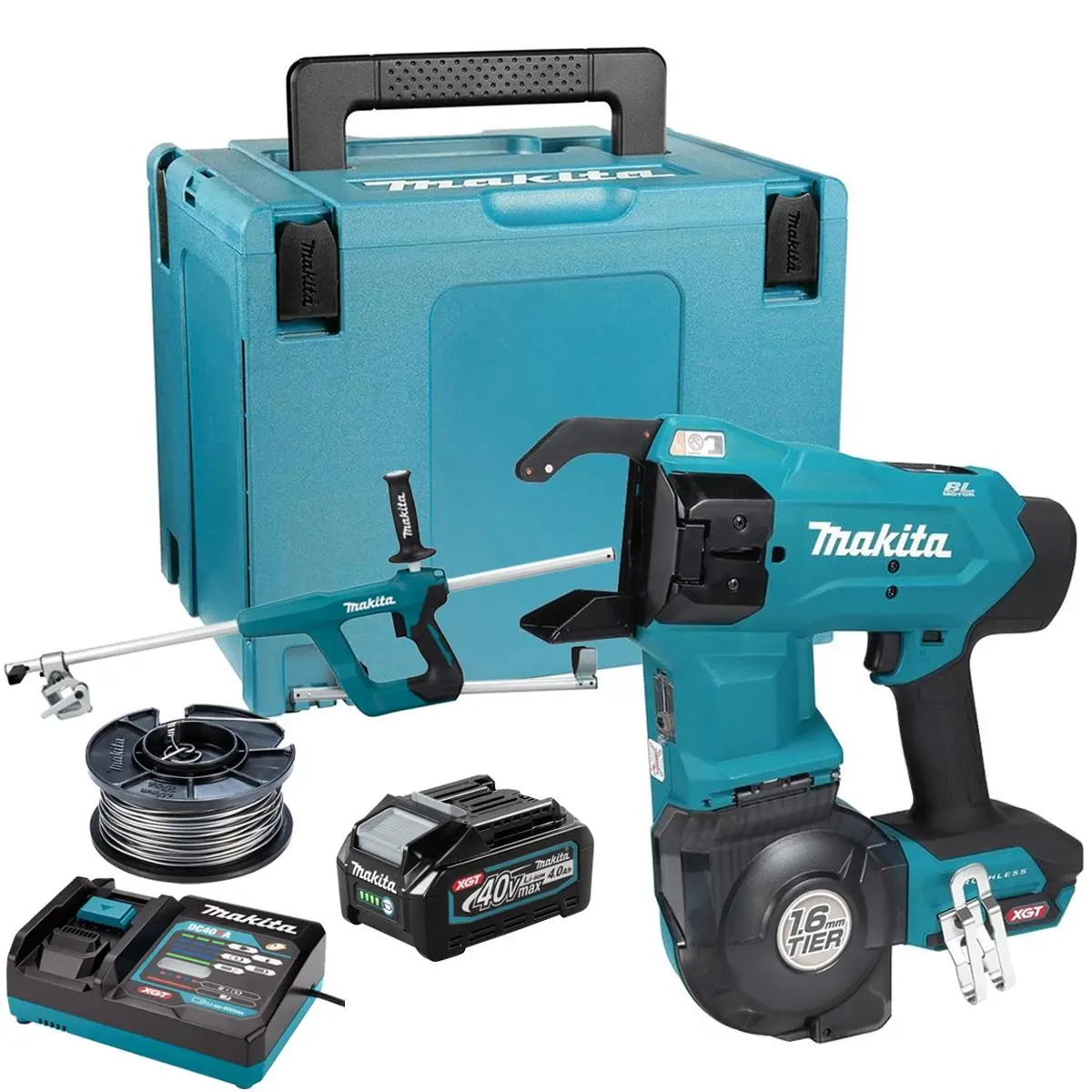Makita Tr001gz 40V Max Xgt Brushless Rebar Tying Tool With Annealed Tie Wire + Extension Handle Set With 1 X 4.0Ah Battery Charger & Case 1