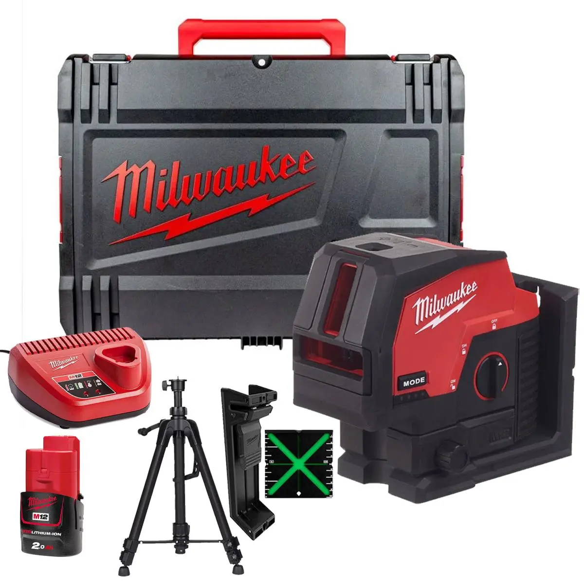 Milwaukee M12cllp-0 12V Green Cross Line 2 Plane Laser 360° Case With 1 X 2.0Ah Battery Charger & Laser Tripod 1