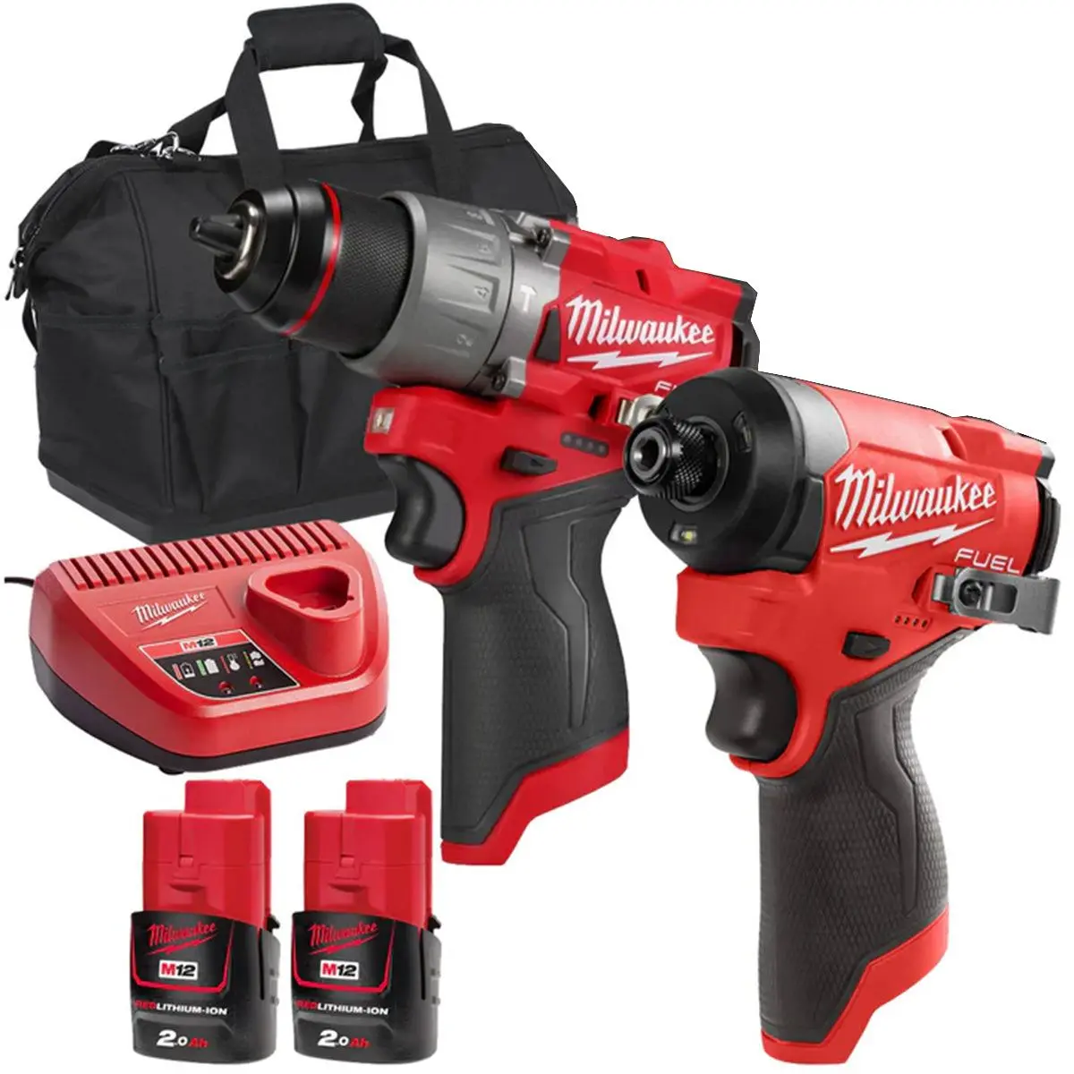 Milwaukee 12V Twin Pack Brushless Impact Driver + Combi Drill With 2 X 2.0Ah Battery Charger & Bag 1
