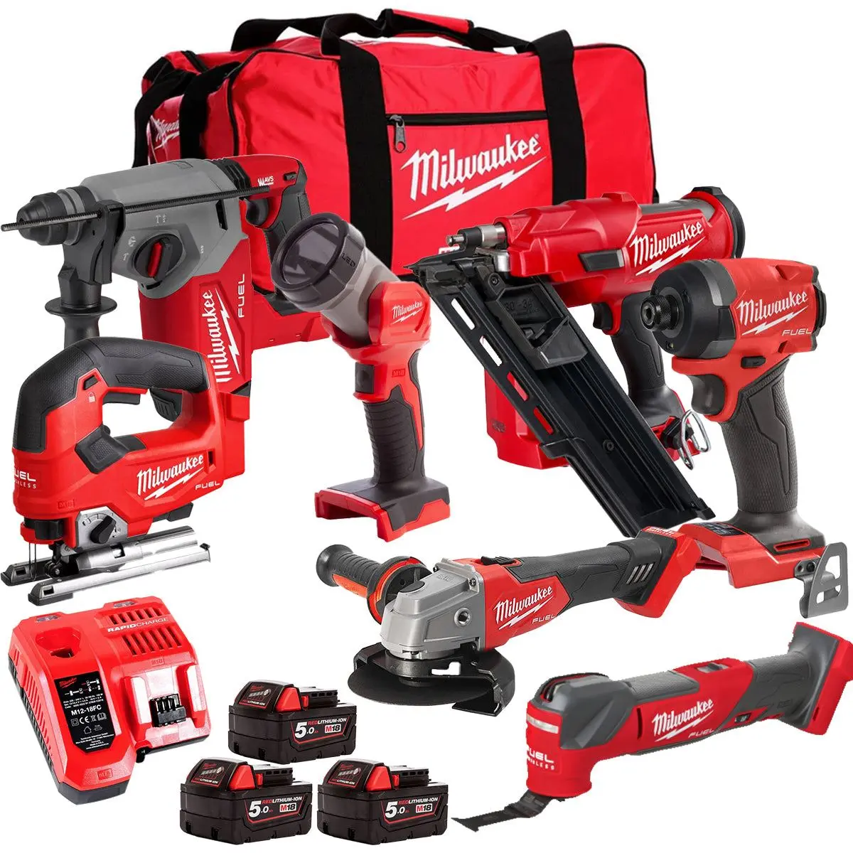 Milwaukee M18fpp6l3-503Bk15 18V Brushless 7 Piece Tool Kit With 3 X 5.0Ah Batteries Charger & Wheeled Bag 1