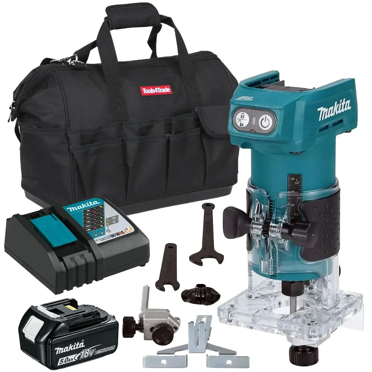 Makita Drt52z 18V Lxt Brushless Router Trimmer With 1 X 5.0Ah Battery Charger & Bag 1