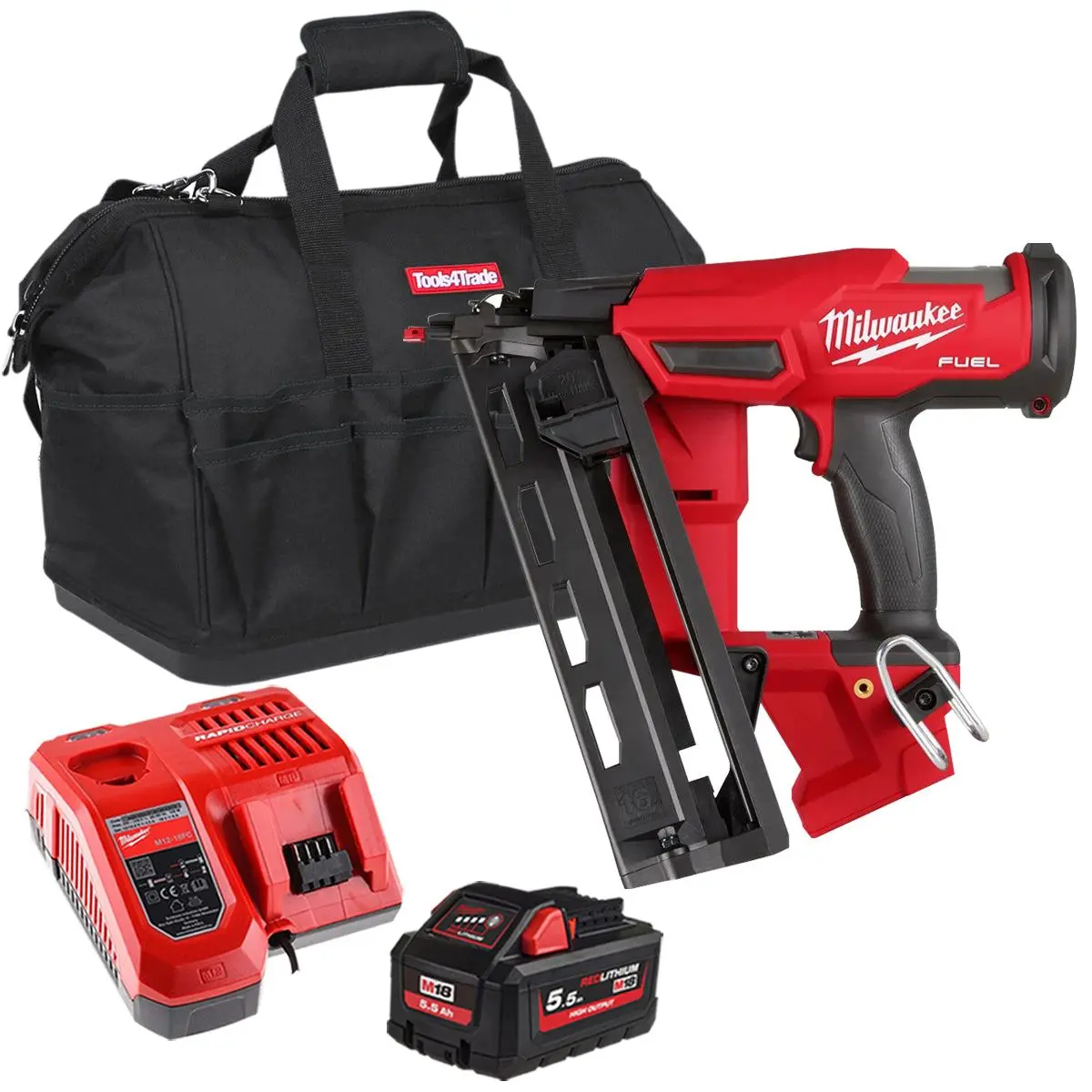 Milwaukee M18fn16ga-0 18V Brushless 16G Angled Finish Nailer With 1 X 5.5Ah Battery Charger & Bag 1