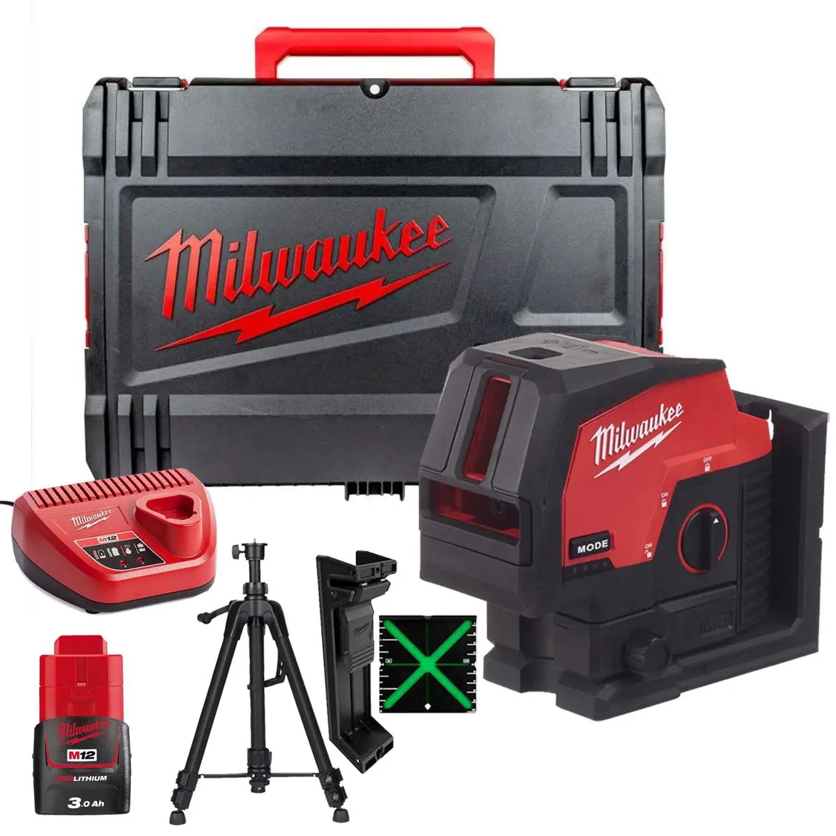 Milwaukee M12cllp-0 12V Green Cross Line 2 Plane Laser 360° Case With 1 X 3.0Ah Battery Charger & Laser Tripod 1