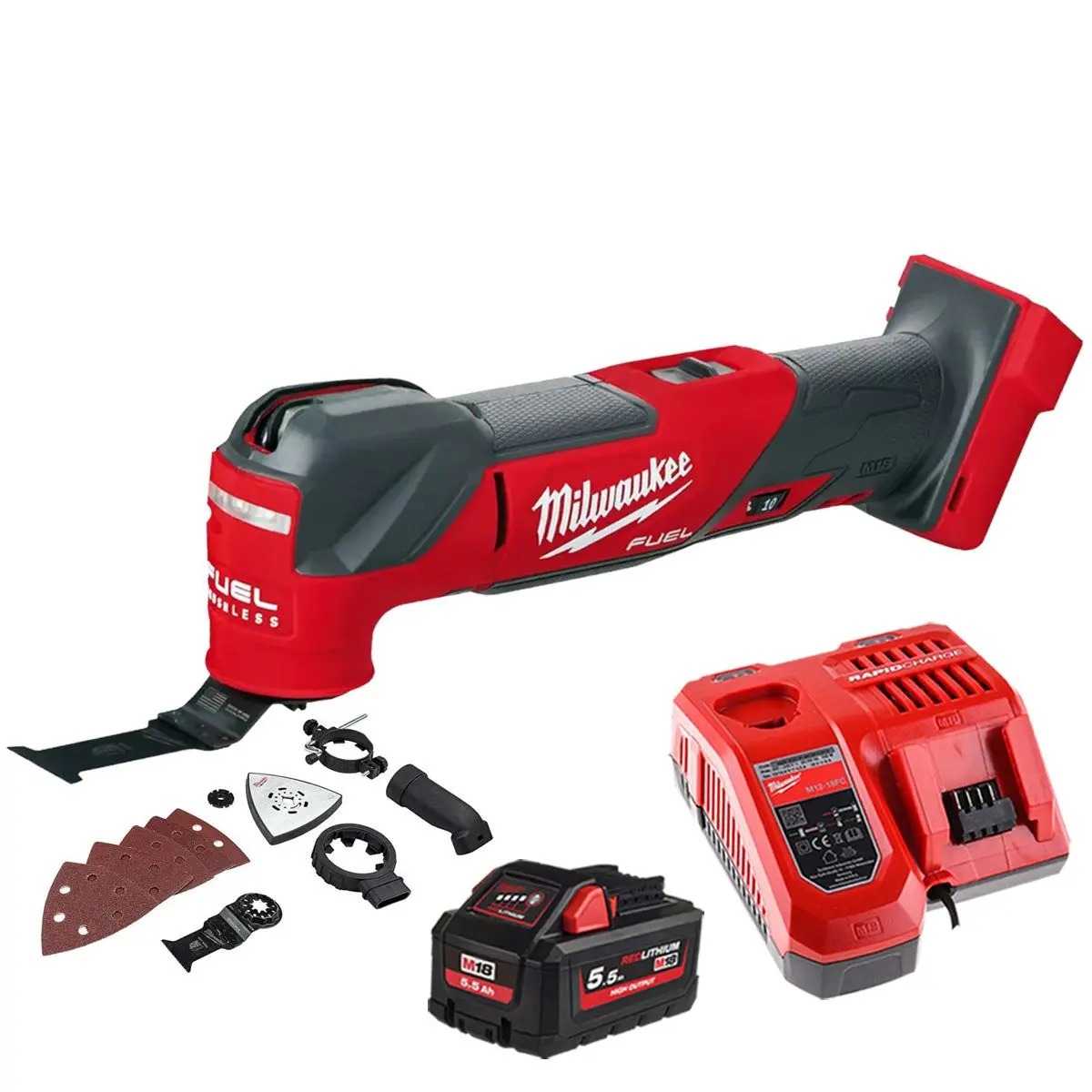 Milwaukee M18fmt-0 18V Fuel Brushless Multi Tool With 1 X 5.5Ah Battery Charger & Accessories 1