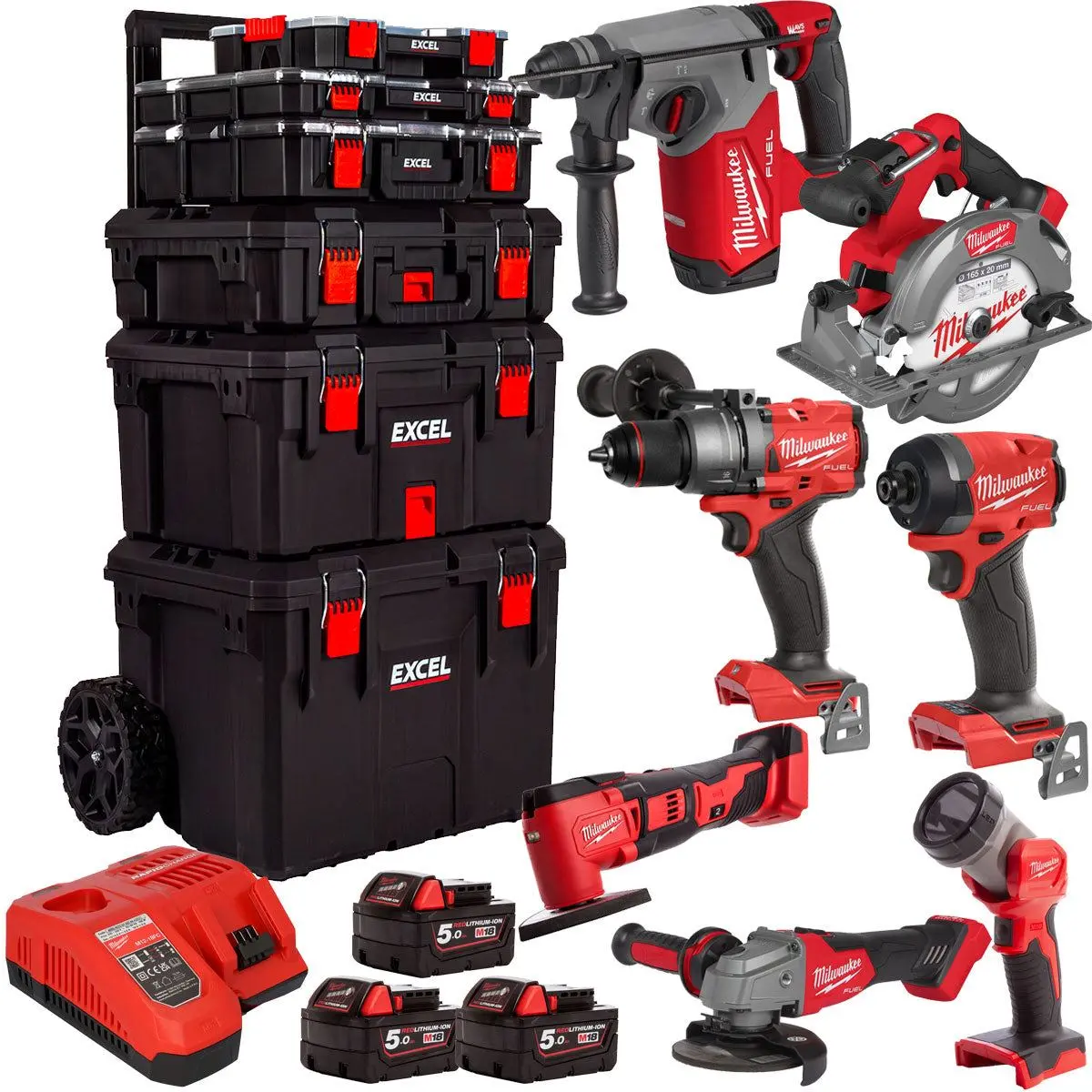 Milwaukee 18V 7 Piece Tool Kit With 3 X 5.0Ah Batteries & Trolley Toolbox 1