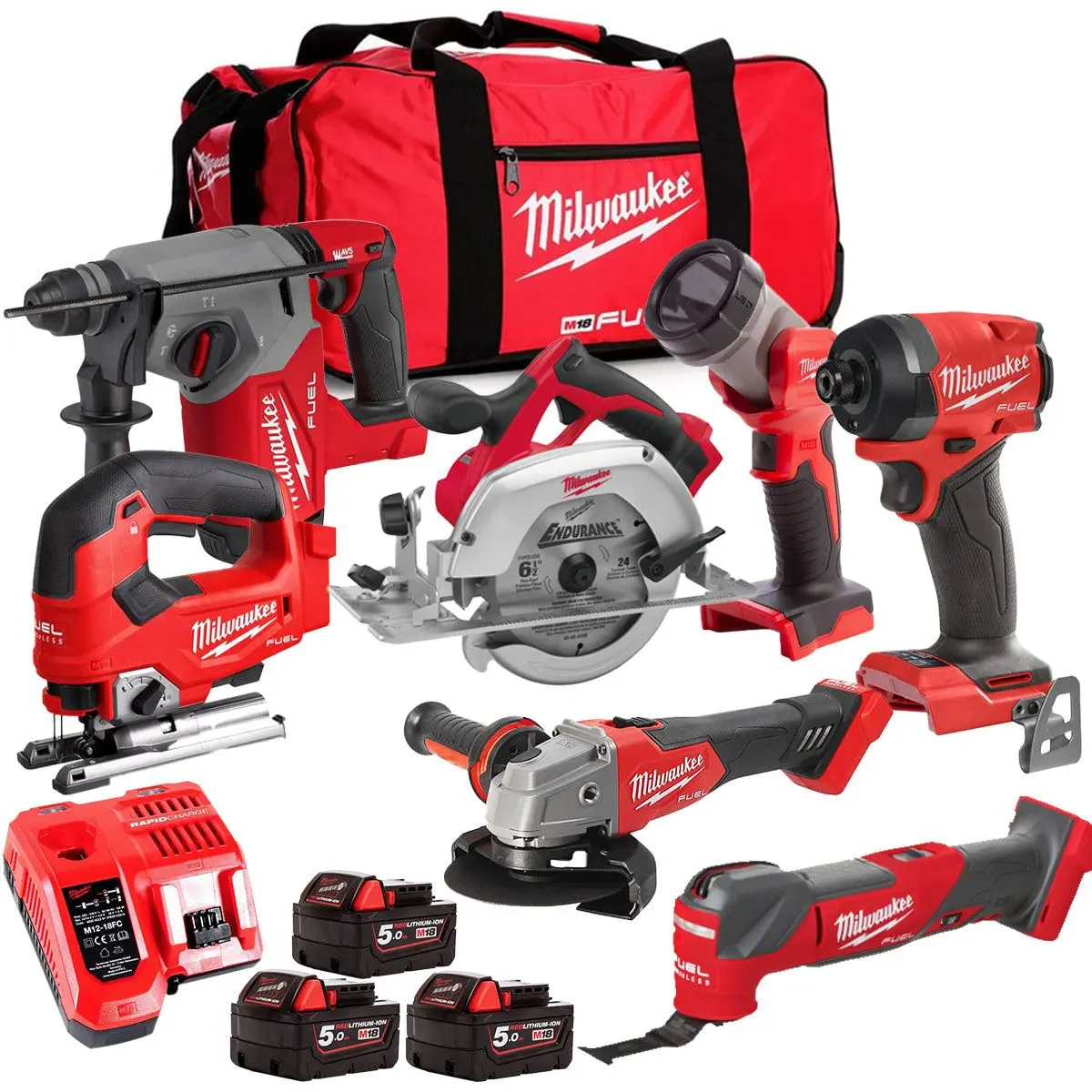 Milwaukee M18fpp6l3-503Bk14 18V 7 Piece Tool Kit With 3 X 5.0Ah Batteries Charger & Wheeled Bag 1