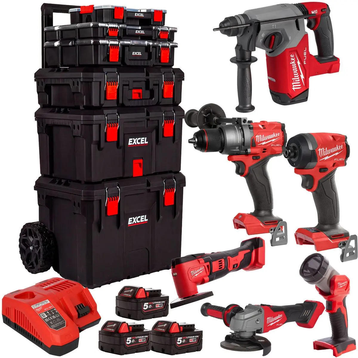 Milwaukee 18V 6 Piece Tool Kit With 3 X 5.0Ah Battery & Trolley Toolbox 1