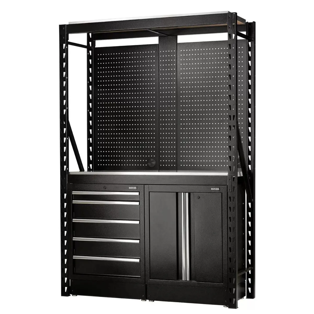 Draper Ms400-C1 15Pc S Bunker Modular Storage Combo 2 Tier Racking With Stainless Steel Shelving, Pegboards & Floor Cabinets 1500Mm 27972 1