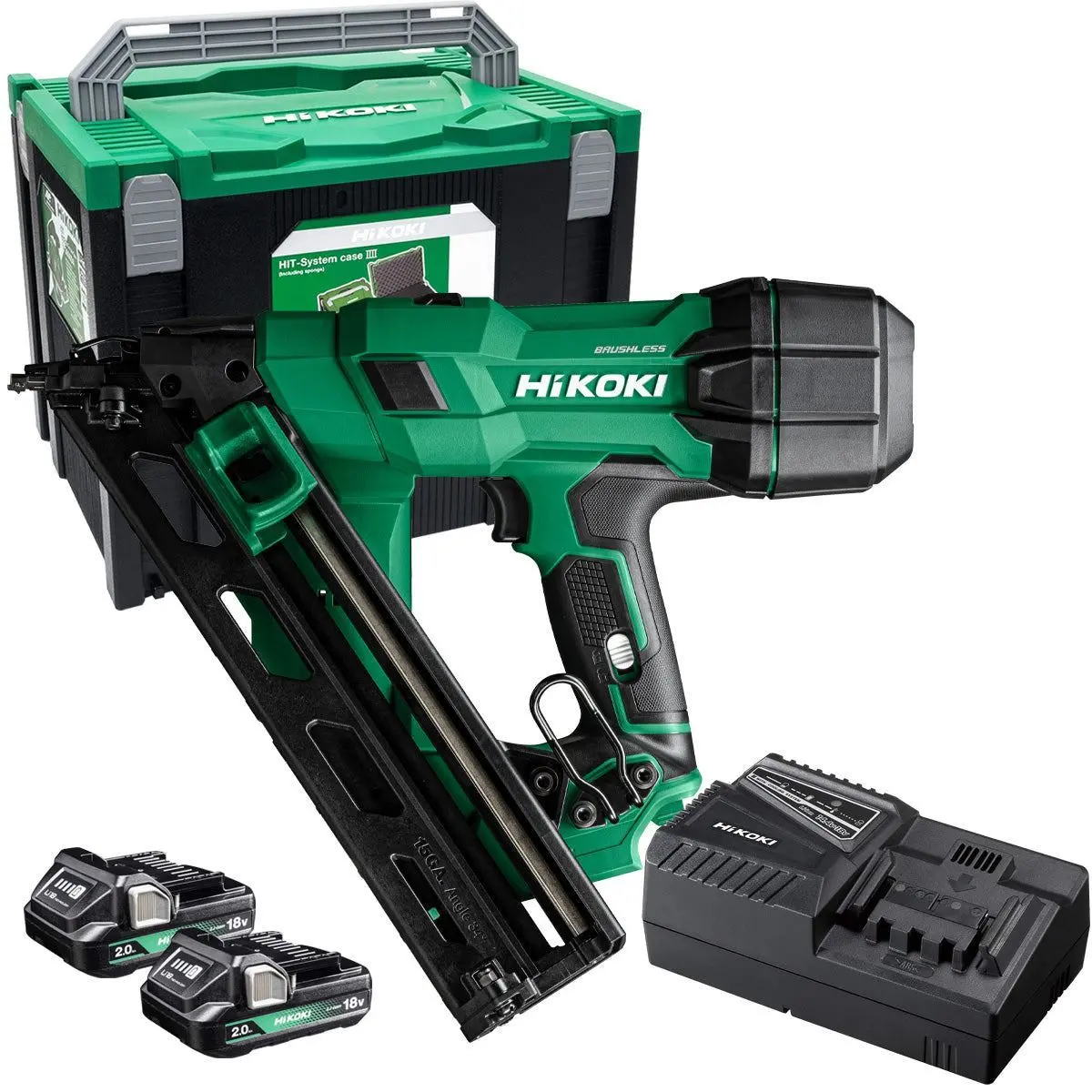 Hikoki Nt1865daajxz 18V Brushless 2Nd Generation 15G Angled Finishing Nailer With 2 X 2.0Ah Battery Charger & Case 1