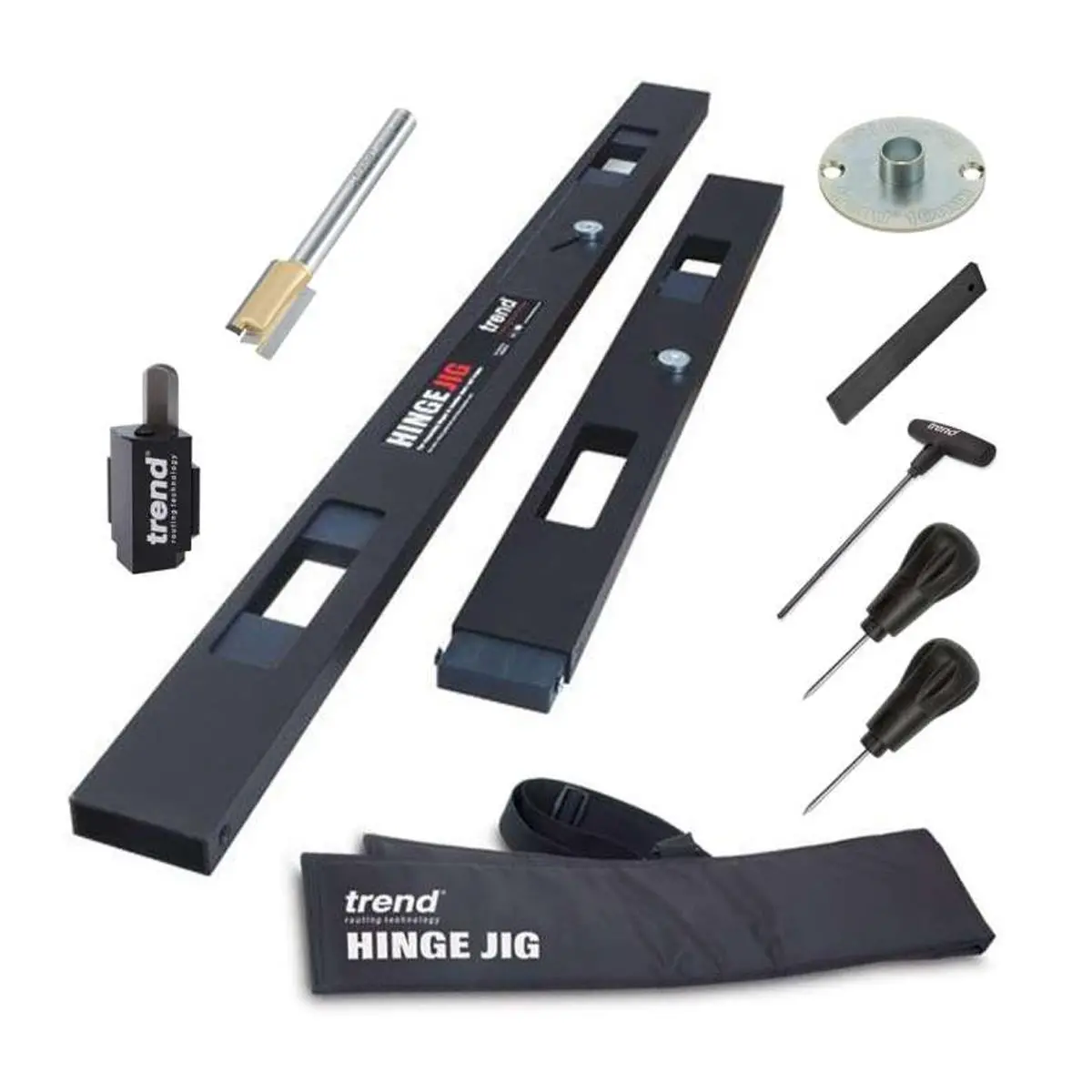Trend Hinge Jig 2 Piece With Accessories, Corner Chisel Hss & 1/4" Two Flute Cutter 1