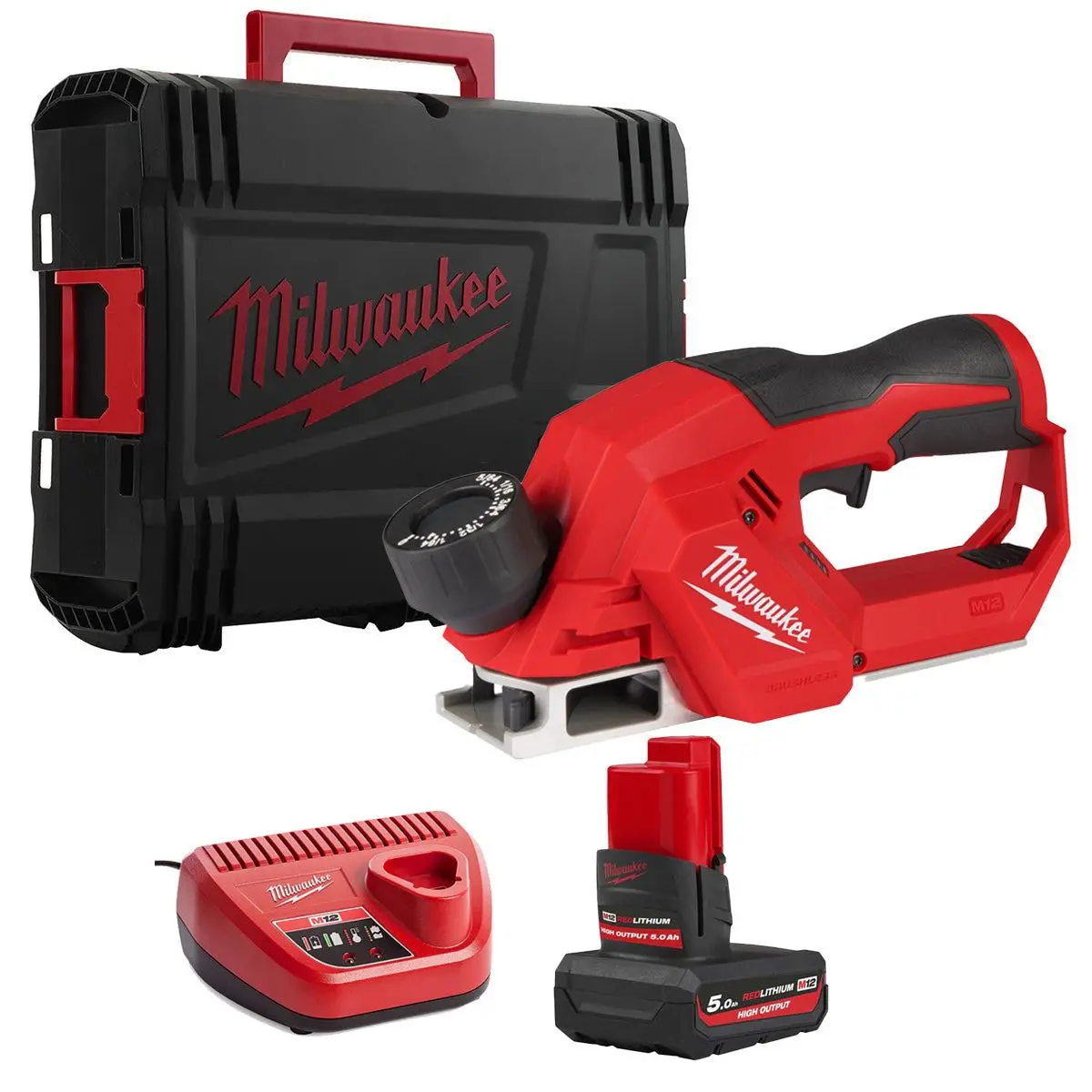 Milwaukee M12blp-0X 12V Brushless 56Mm Planer With 1 X 5.0Ah Battery Charger & Case 1