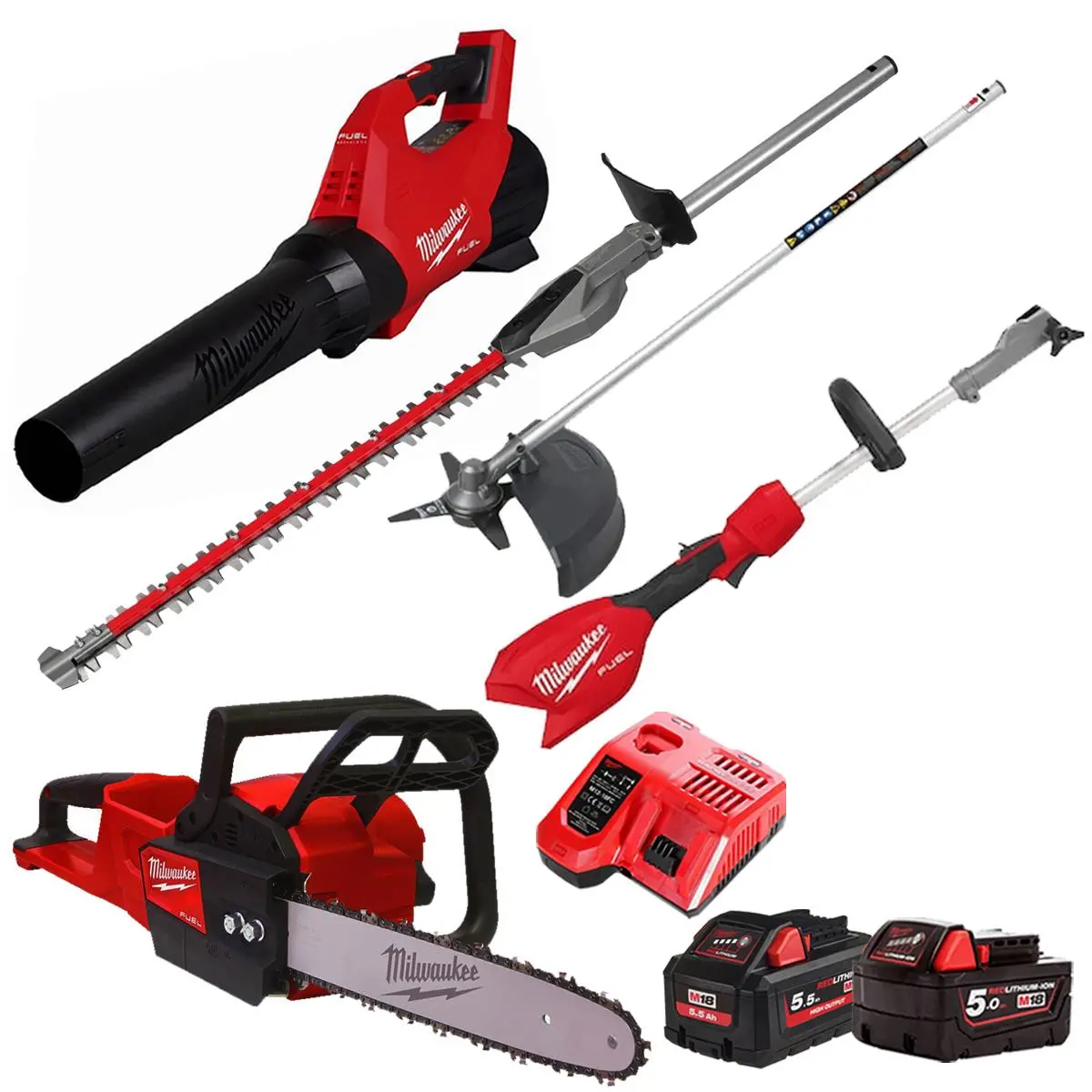 Milwaukee M18 18V 3 Piece Gardening Tool Kit With Hedge Trimmer & Brush Cutter Attachment 2 X Batteries & Charger T4tkit-29515 1