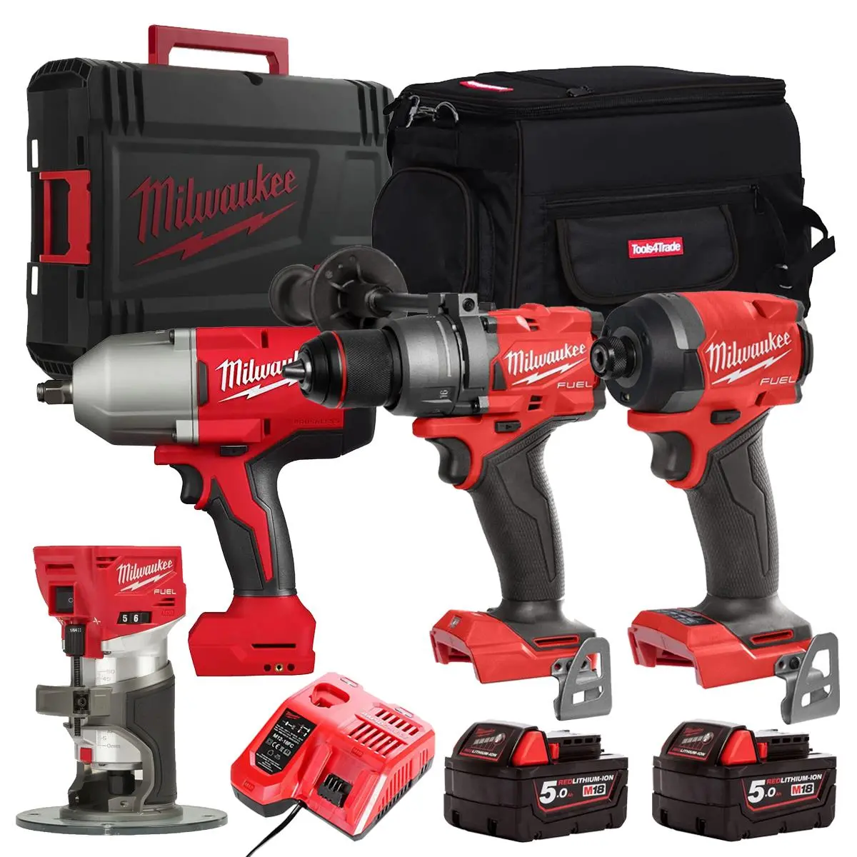 Milwaukee M18fpp10z-502B 18V Brushless 4 Piece Power Tool Kit With 2 X 5.0Ah Batteries Charger Case & Bag 1
