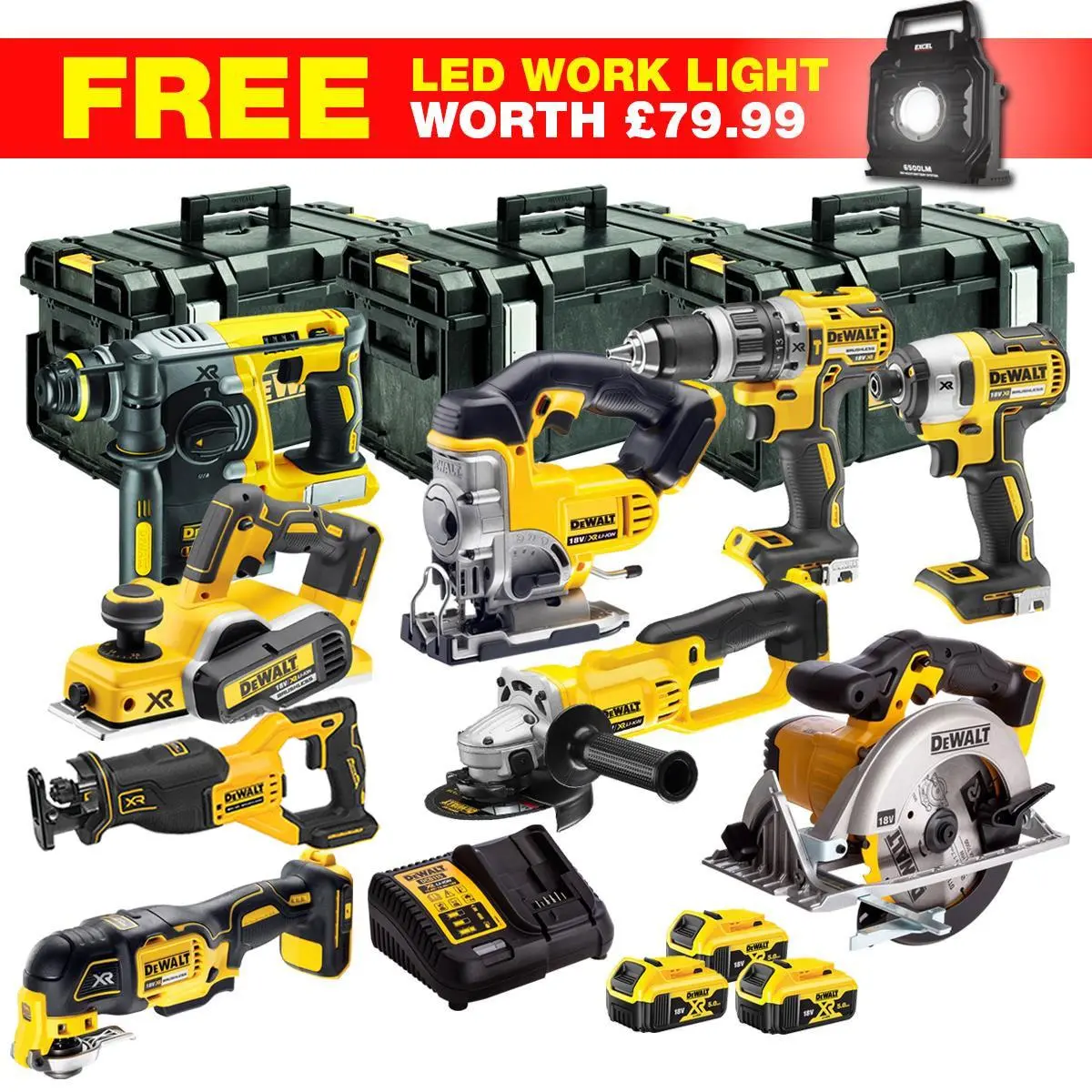 Dewalt Dckt4t10wlf 18V Xr 10 Piece Power Tool Kit With 3 X 5.0Ah Batteries & Toughsystem Box 1