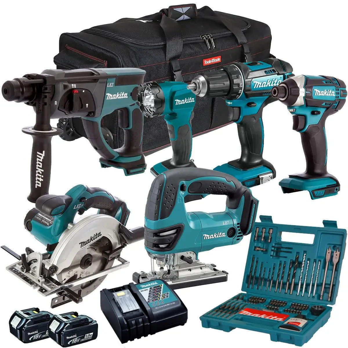 Makita 18V 6 Piece Kit 2 X 5.0Ah Batteries Charger & 100 Piece Drill Set T4tkit-6568 1
