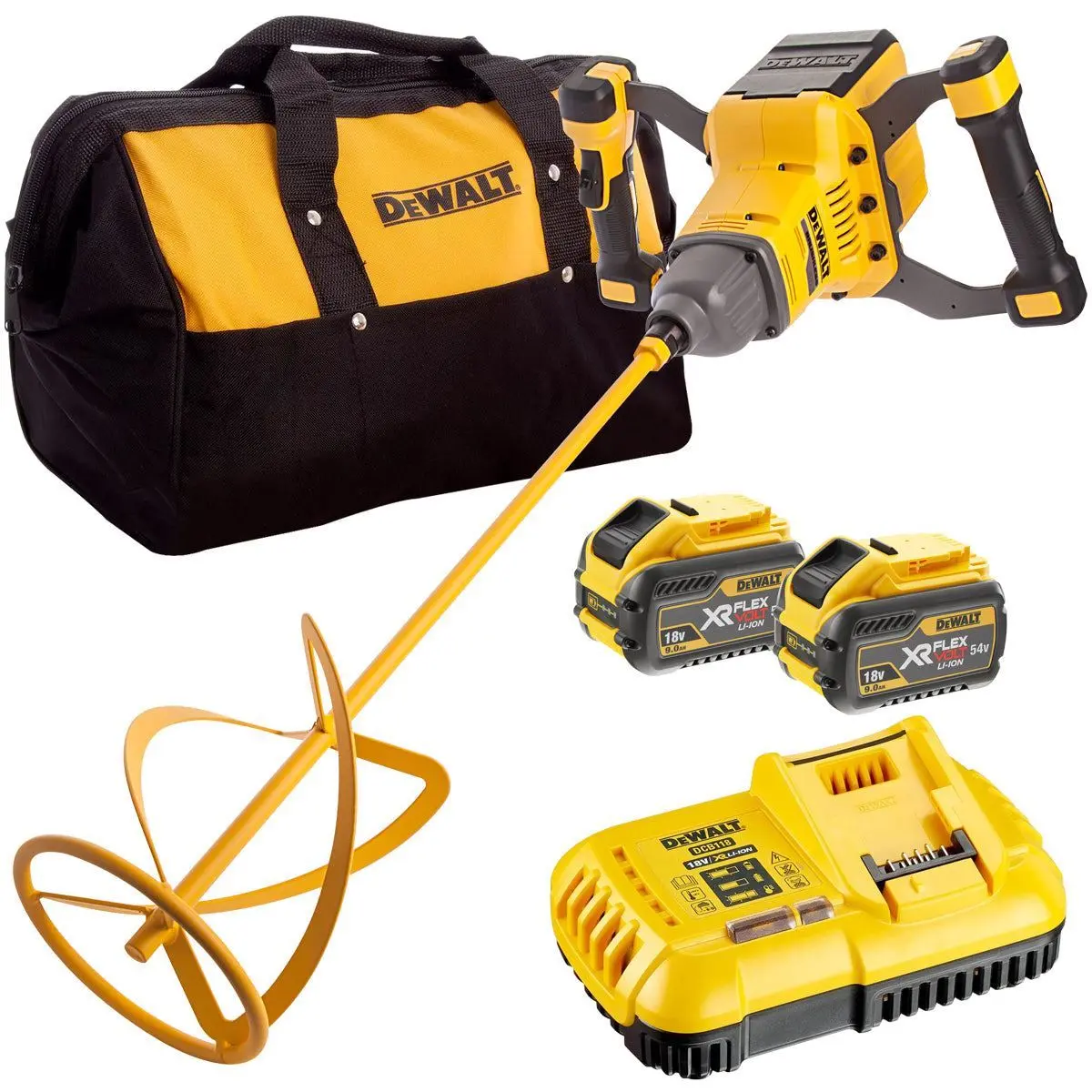 Dewalt Dcd240x2 54V Flexvolt Brushless Paddle Mixer With 2 X 9.0Ah Batteries Charger & Heavy-Duty Kit Bag 1