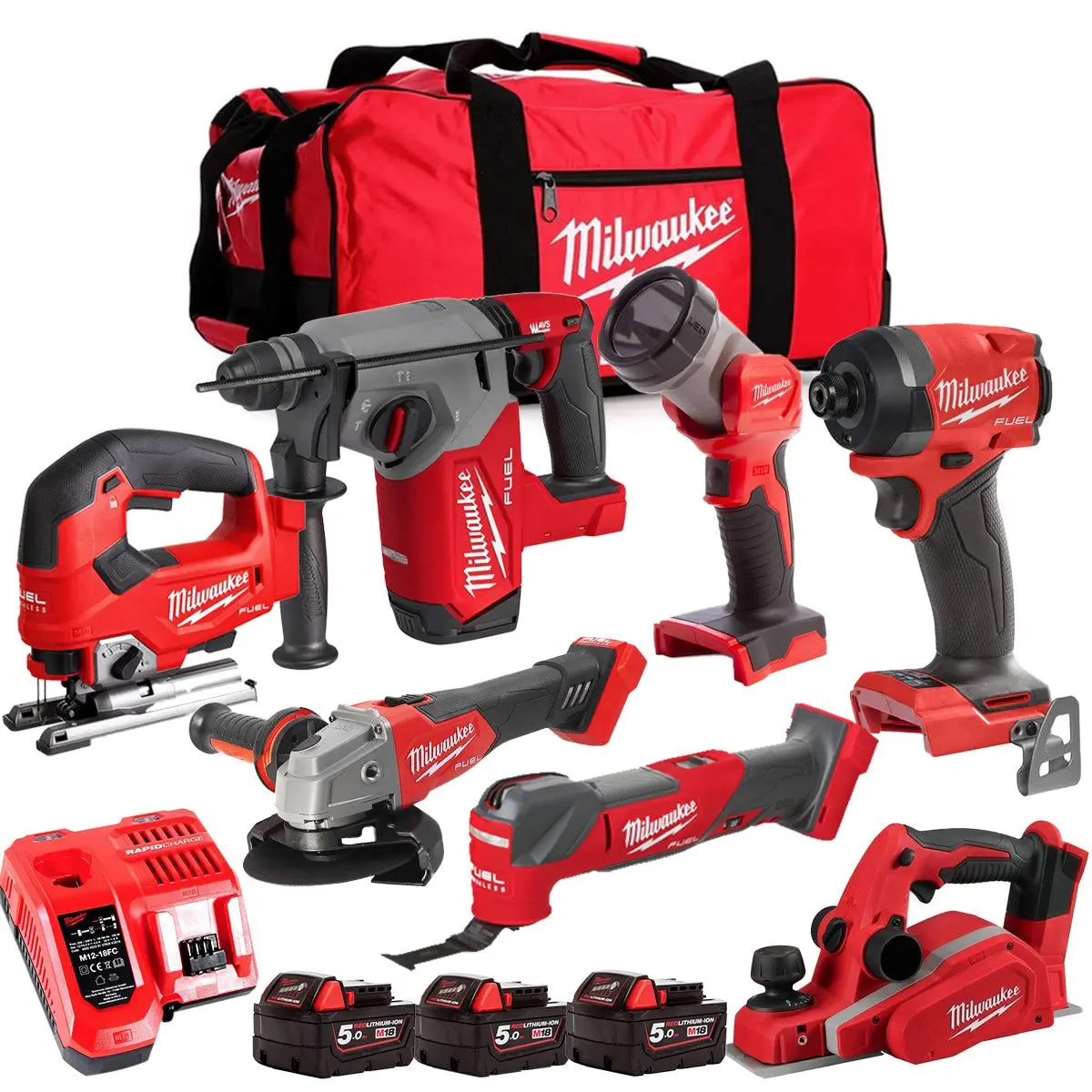 Milwaukee M18fpp6l3-503Bk8 18V Brushless 7 Piece Tool Kit With 3 X 5.0Ah Batteries Charger & Wheeled Bag 1