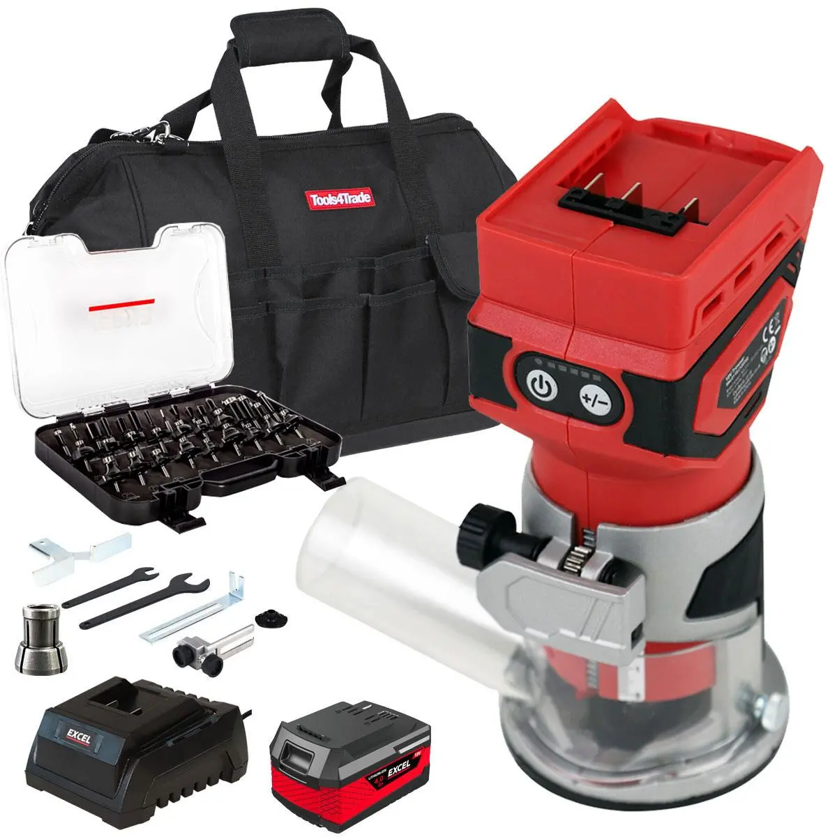 Excel 18V 1/4" Router Trimmer With 1 X 4.0Ah Battery Fast Charger, Bag & 35 Piece Cutter Set 1