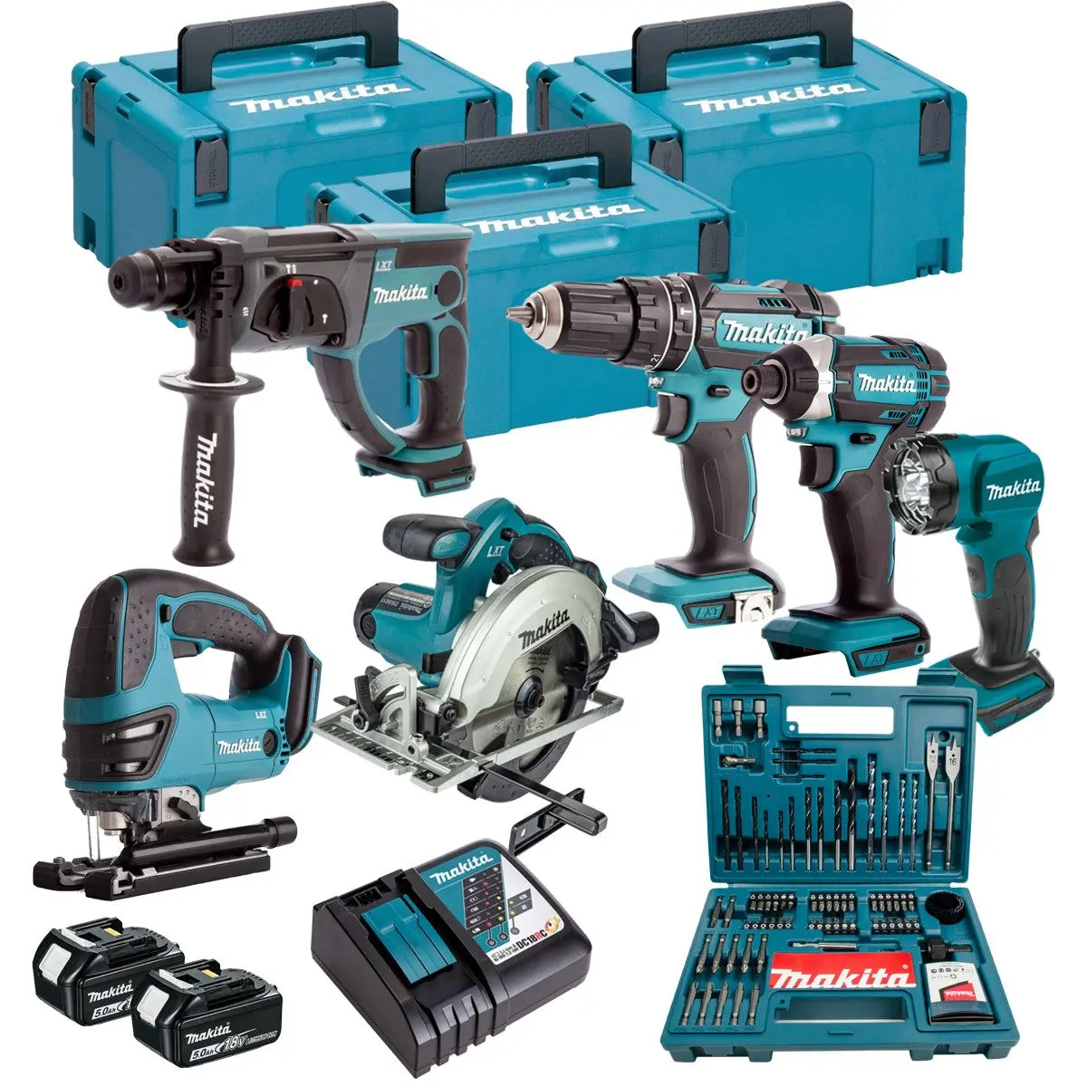 Makita 18V 6 Piece Power Tool Kit With 2 X 5.0Ah Battery Charger & 100 Piece Bit Set T4tkit-16455 1