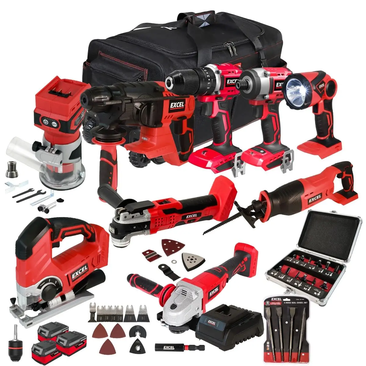 Excel 18V 9 Piece Power Tool Kit With 3 X 4.0Ah Battery Charger & Accessories Exlkit-17309 1