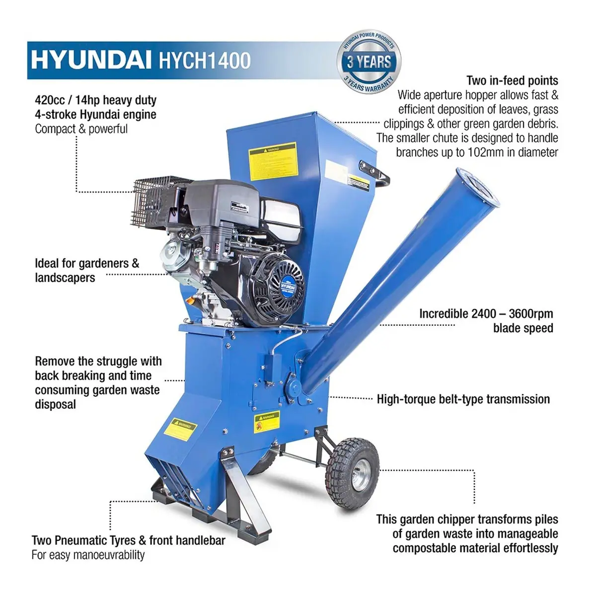 Hyundai Hych1400 420Cc Petrol Garden Wood Chipper Shredder Mulcher 2