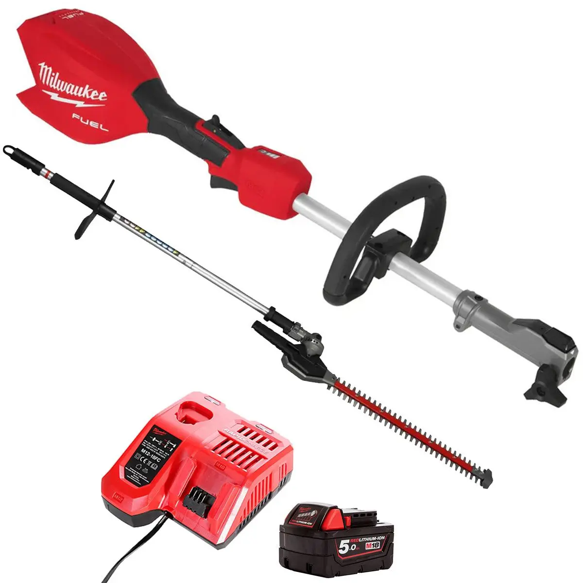 Milwaukee M18foph2-0 Fuel 18V Brushless Split Shaft With 1 X 5.0Ah Battery Charger & Hedge Trimmer Attachment 1