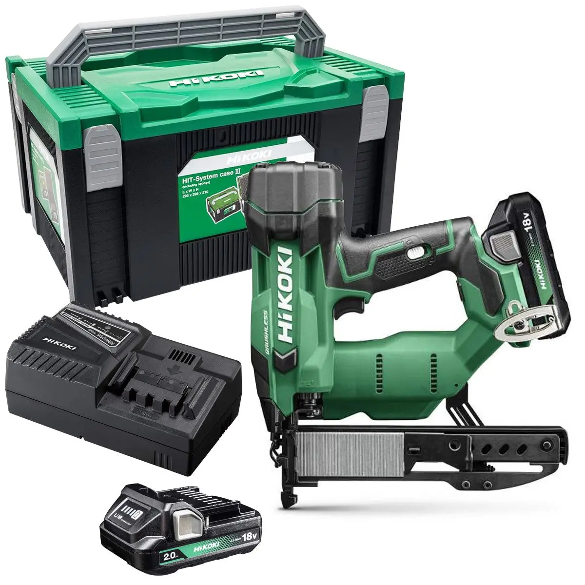 Hikoki N1804dajxz 18V Brushless 2Nd Generation 18G Narrow Crown Stapler With 2 X 2.0Ah Battery Charger & Case 1