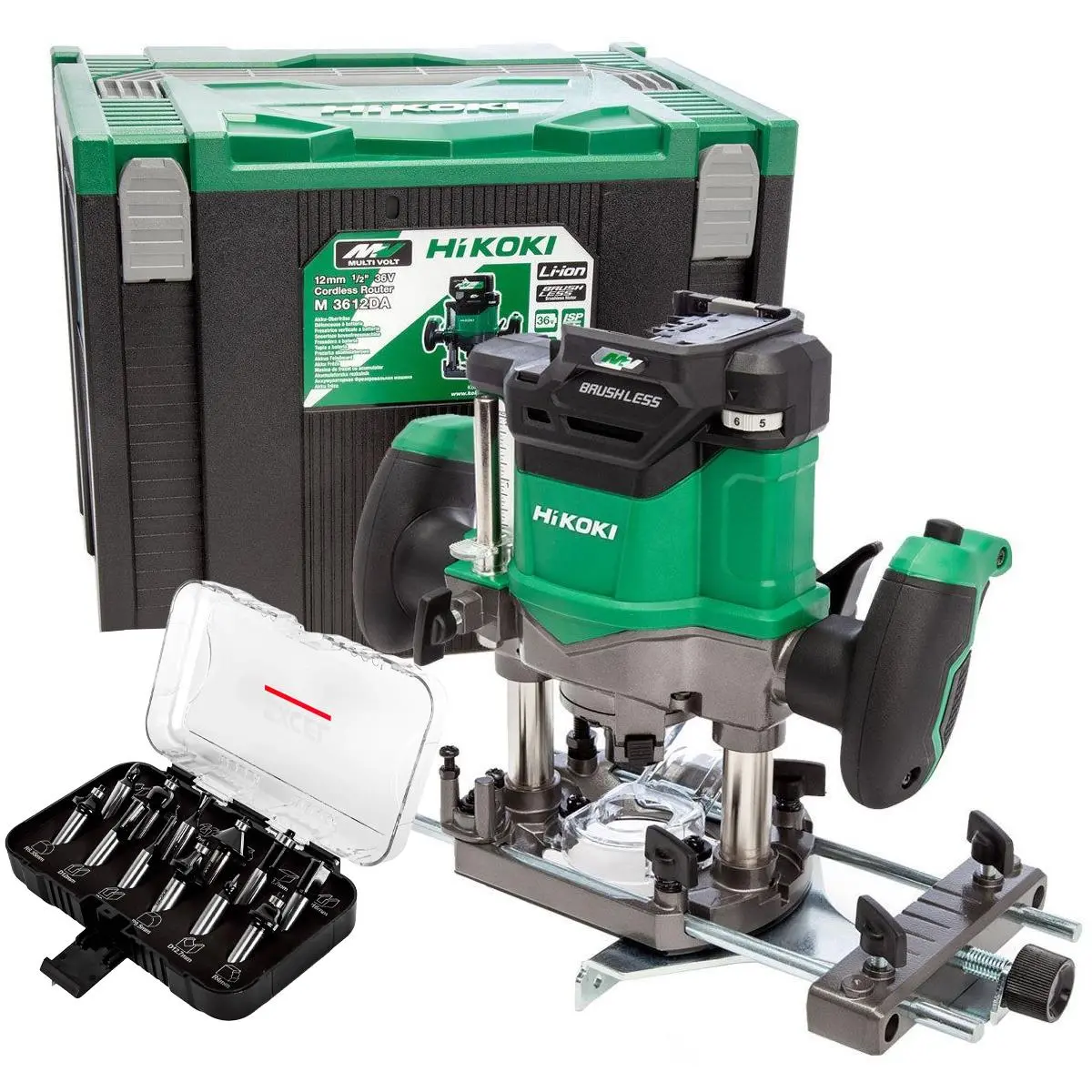 Hikoki M3612daj2z 36V Brushless 1/2" Plunge Router With 12 Piece Cutter Set 1