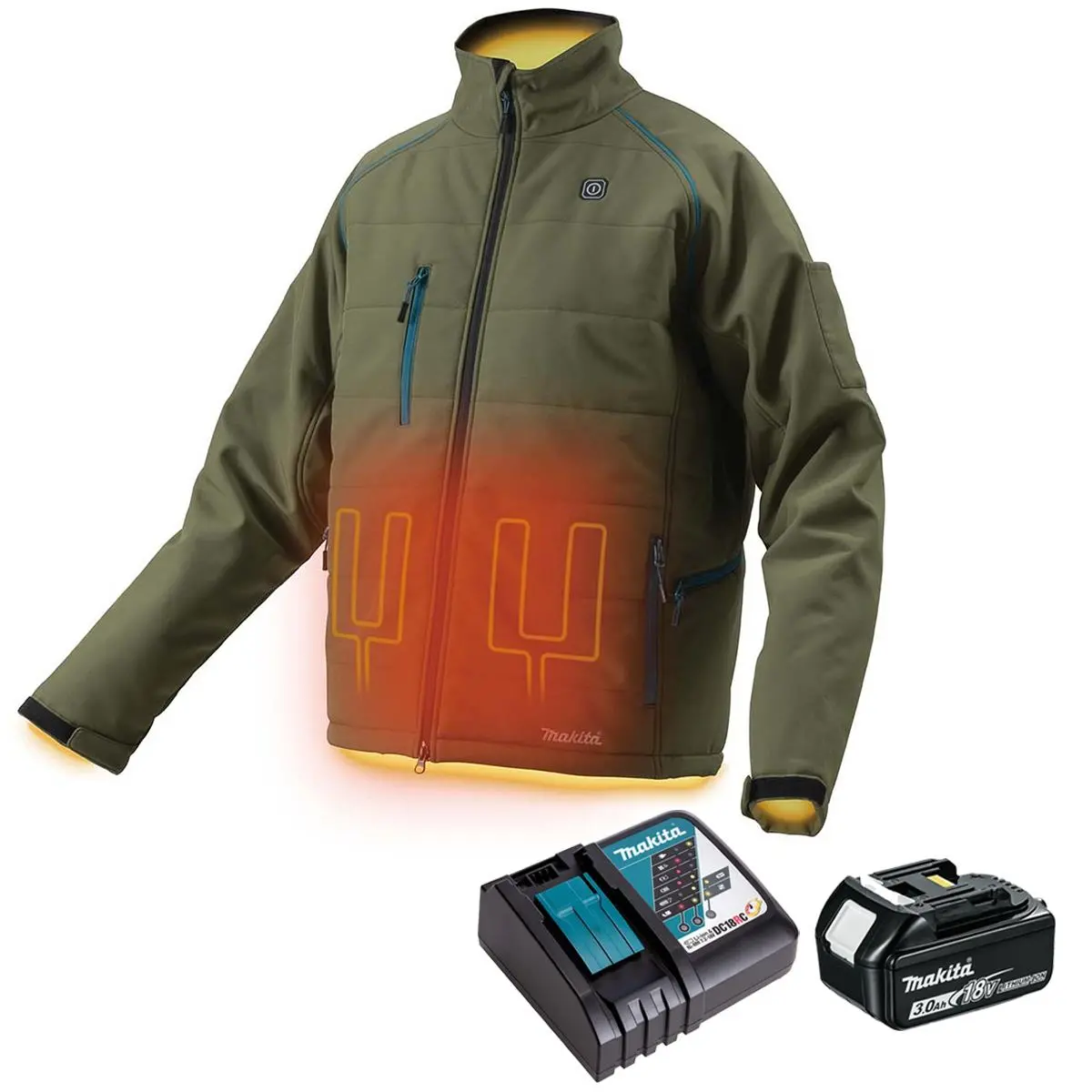 Makita Dcj205zmo 14.4V-18V Lxt Heated Jacket Olive Medium With 1 X 3.0Ah Battery & Charger 1