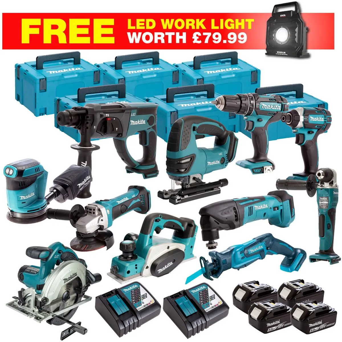 Makita 18V 12 Piece Combo Kit With 4 X 5.0Ah Batteries & Charger T4tkit-27800 1