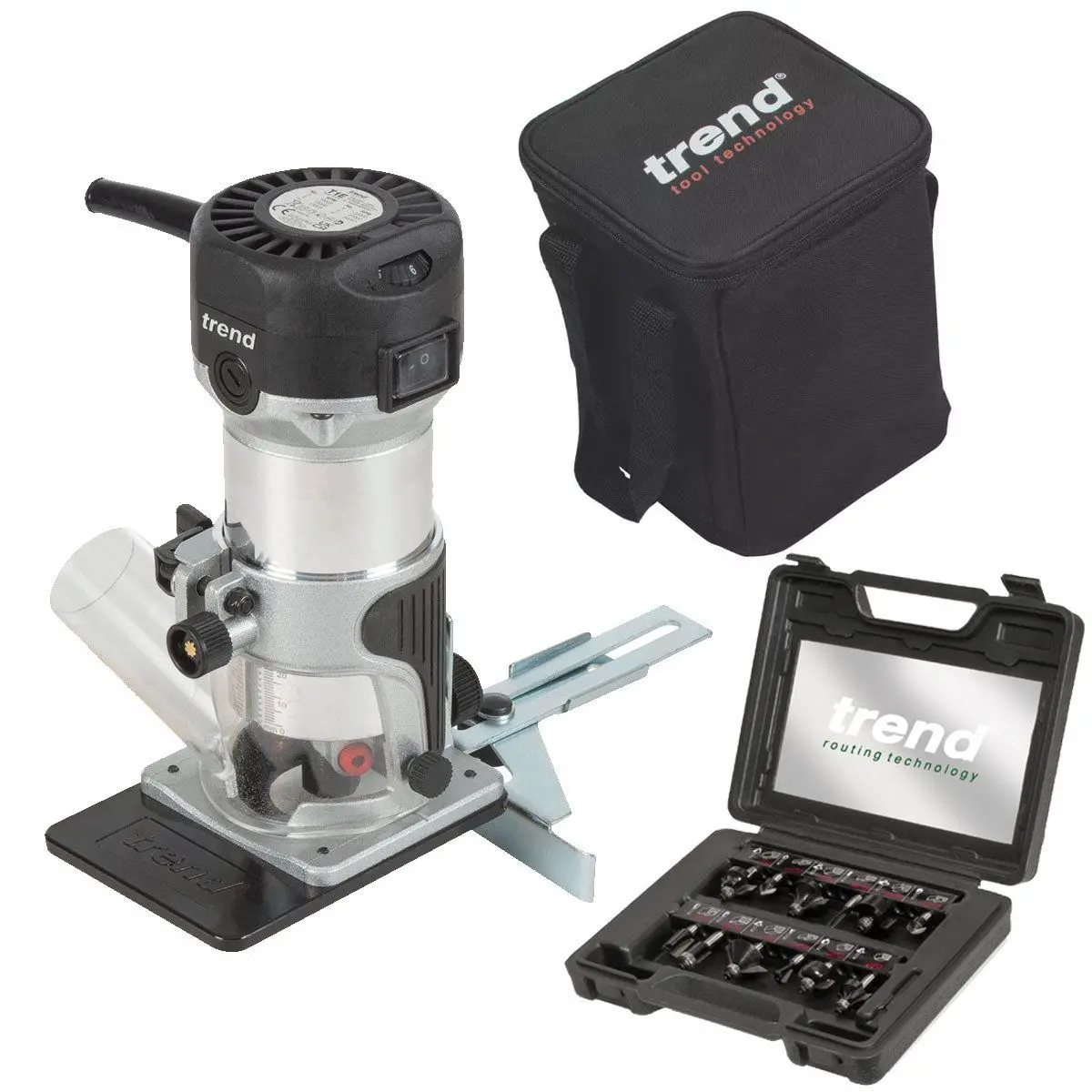 Trend T1ets 1/4" Trimmer Router 240V/710W With 12 Piece Cutter Set 1