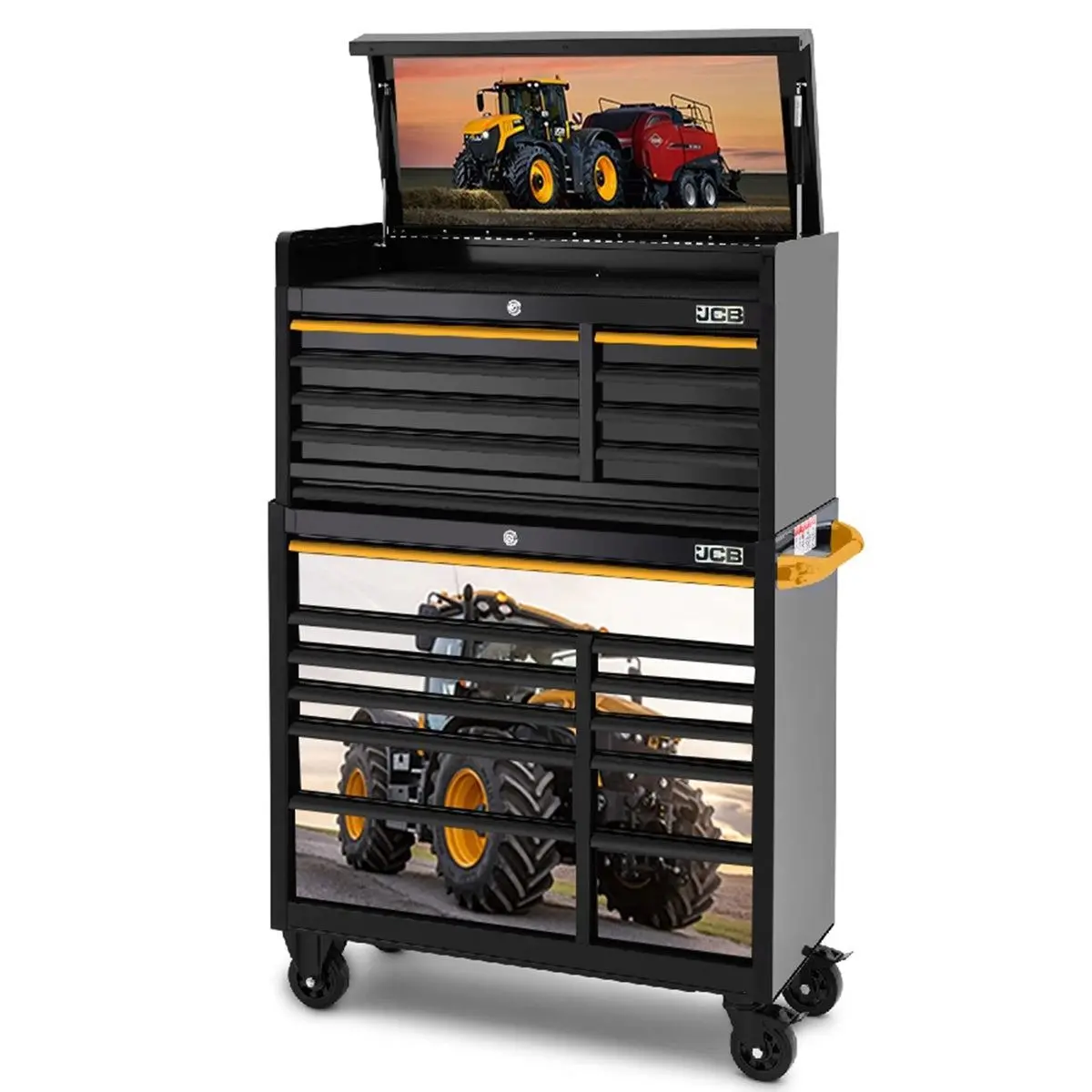 Jcb 42’’ Roller Cabinet And Top Tool Chest Stack 19 Drawer With Fastrac Tractor Wrap Jcbfststack 1