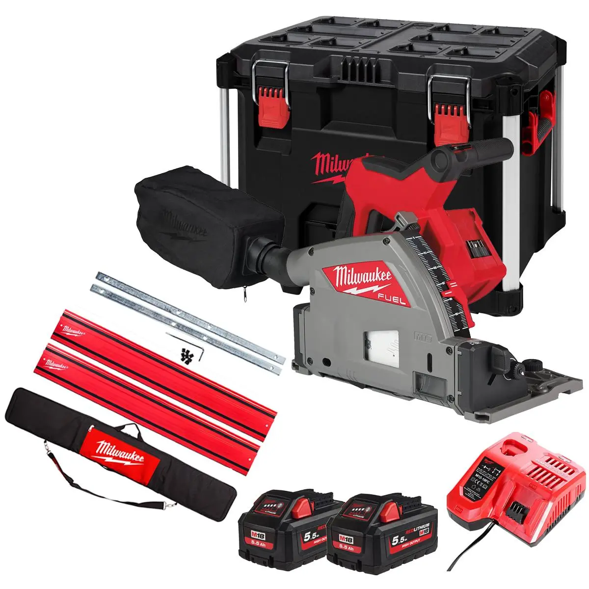Milwaukee M18fps55-552Peb 18V 165Mm Fuel Brushless Plunge Saw With 2 X 5.5Ah Battery & Guide Rail Kit 1