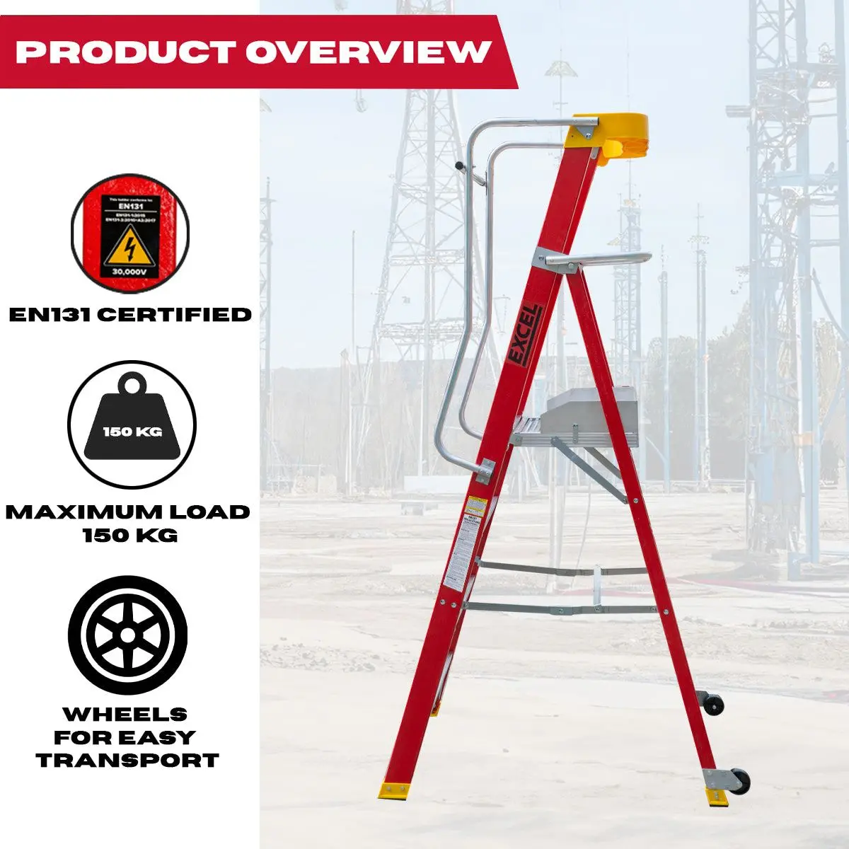 Excel Electricians Fibreglass Podium Step Ladder 4 Tread 2.04M En131-7 2