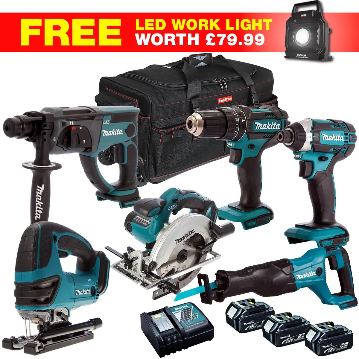 Makita 18V 7 Piece Combo Kit With 3 X 5.0Ah Batteries & Charger T4tkit-27804 1