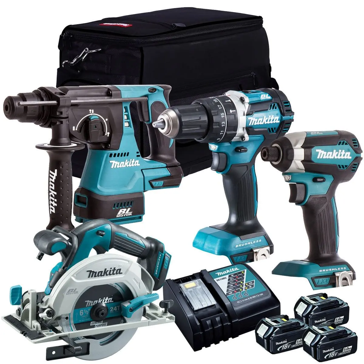 Makita 18V Brushless 4 Piece Tool Kit With 3 X 5.0Ah Batteries Charger & Bag 1