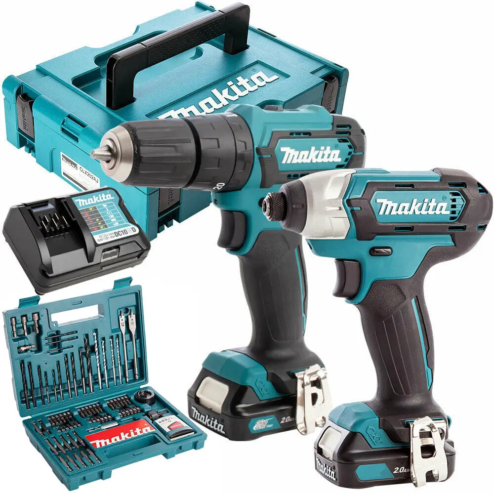 Makita Clx228aj 12V Twin Kit 2 X 2.0Ah Batteries Charger & 100 Piece Drill Set 1