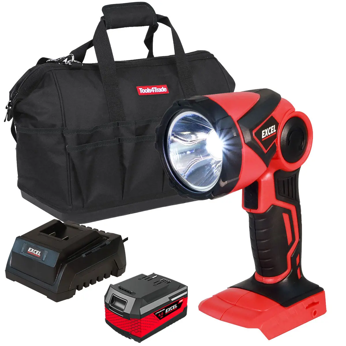 Excel 18V Cordless Led Flashlight Torch With 1 X 4.0Ah Battery Charger & 18" Bag 1