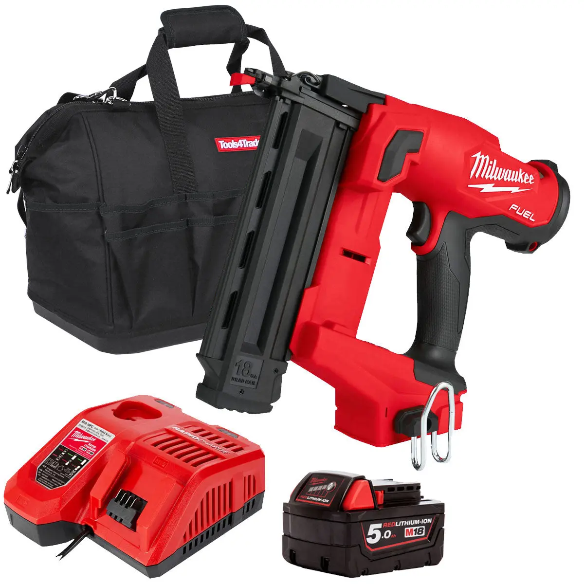 Milwaukee M18fn18gs 18V Fuel Brushless Second Fix Finish Nailer With 1 X 5.0Ah Battery, Charger & Bag 1